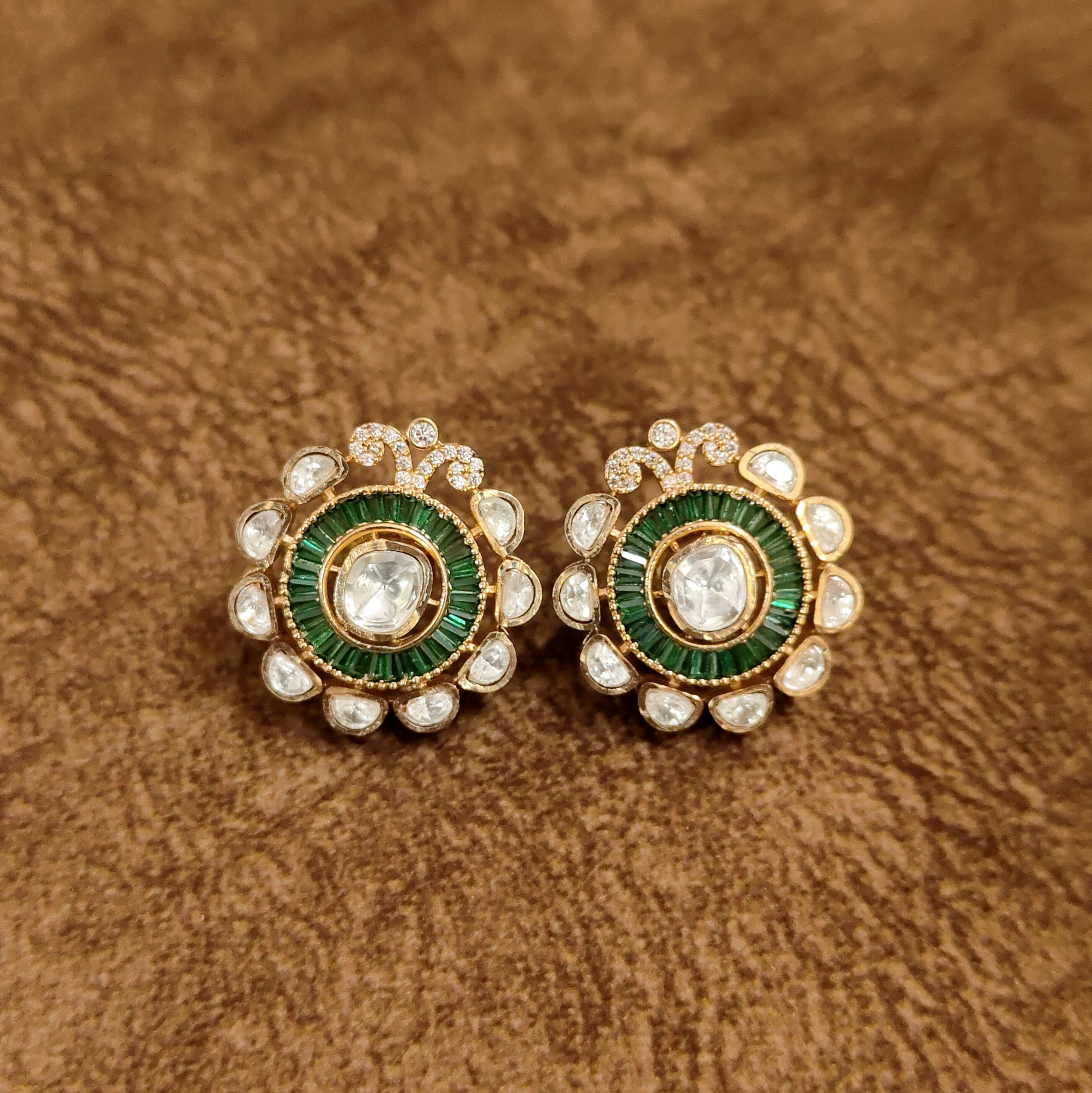 Emerald Green Kundan Polki Stud Earrings Designer Bridal Imitation Jewellery by Sanvi Jewels
