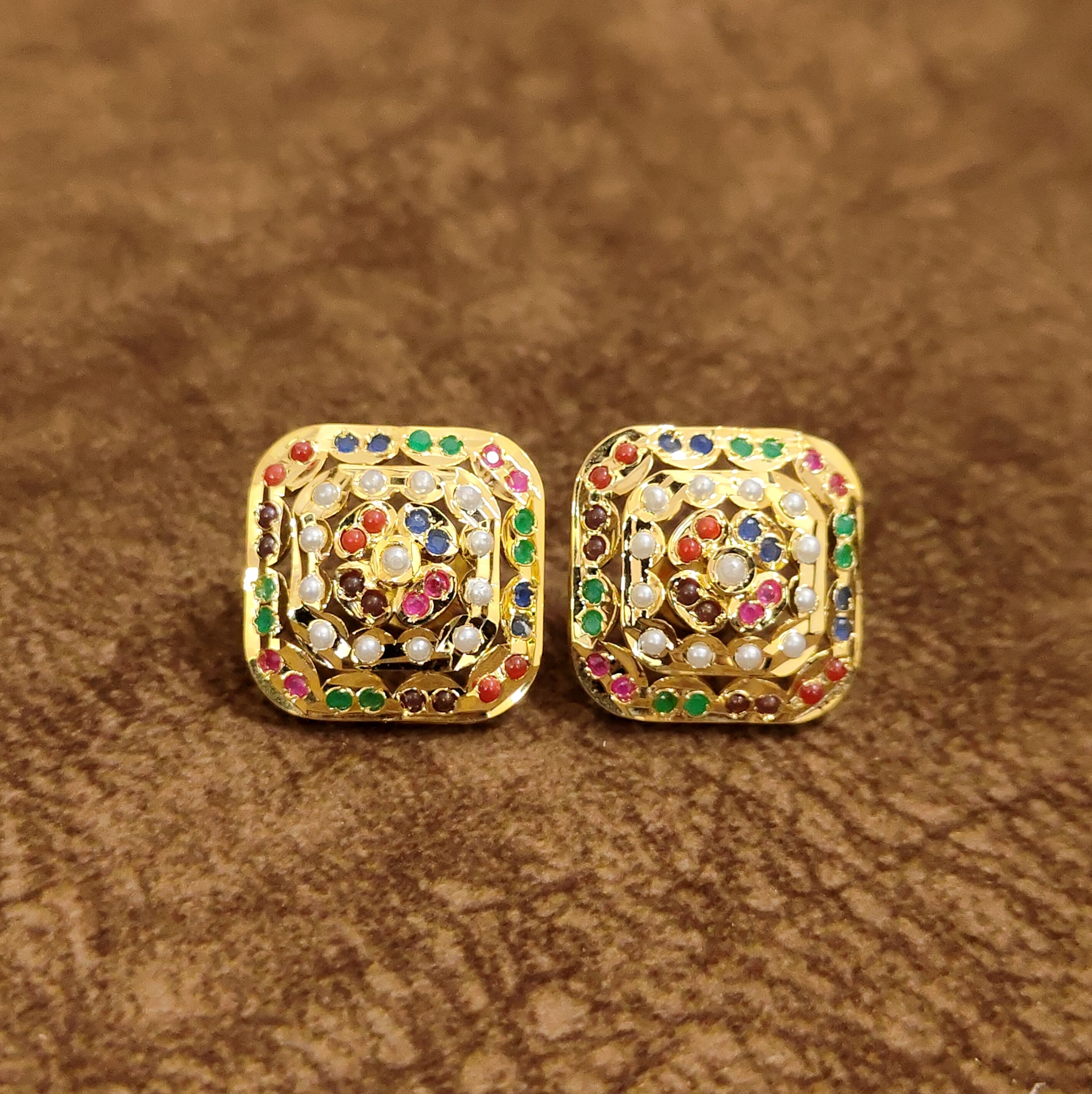 Navratna Square Stud Earrings Multicolor Designer Artificial Jewellery by Sanvi Jewels