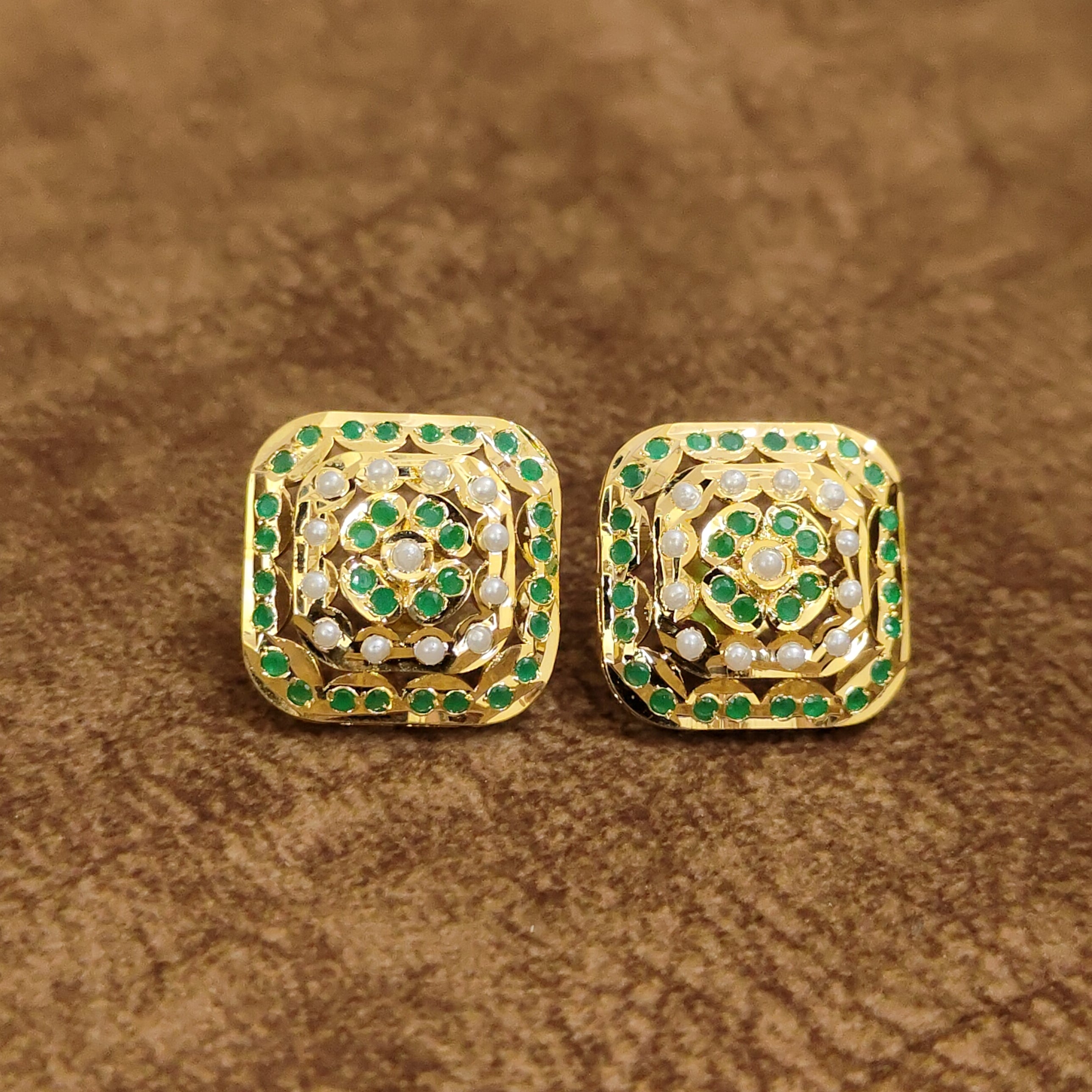 Emerald Green Temple Square Stud Earrings Designer Artificial Jewellery by Sanvi Jewels