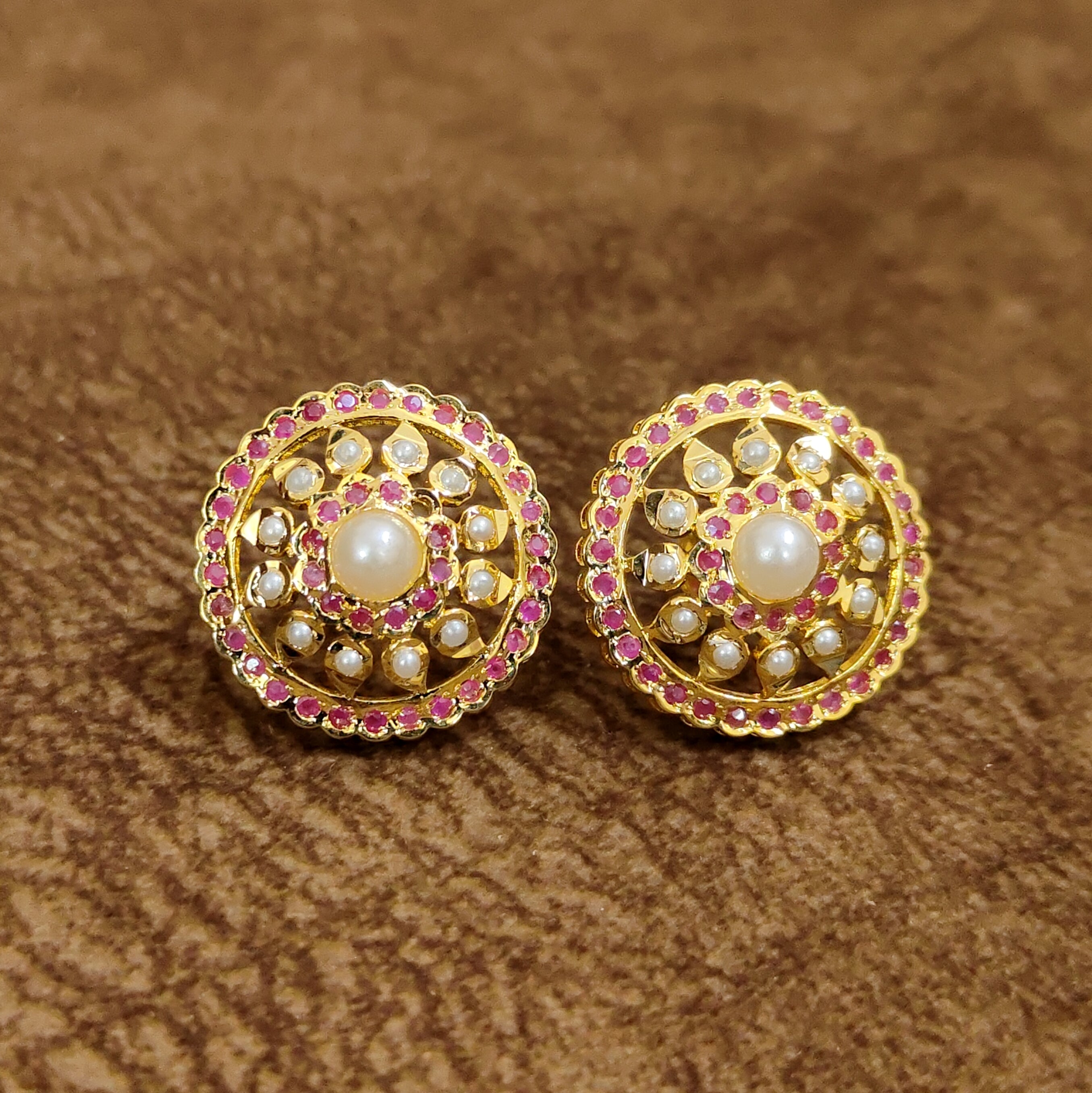 Ruby Pearl Temple Stud Earrings Designer Artificial Jewellery by Sanvi Jewels
