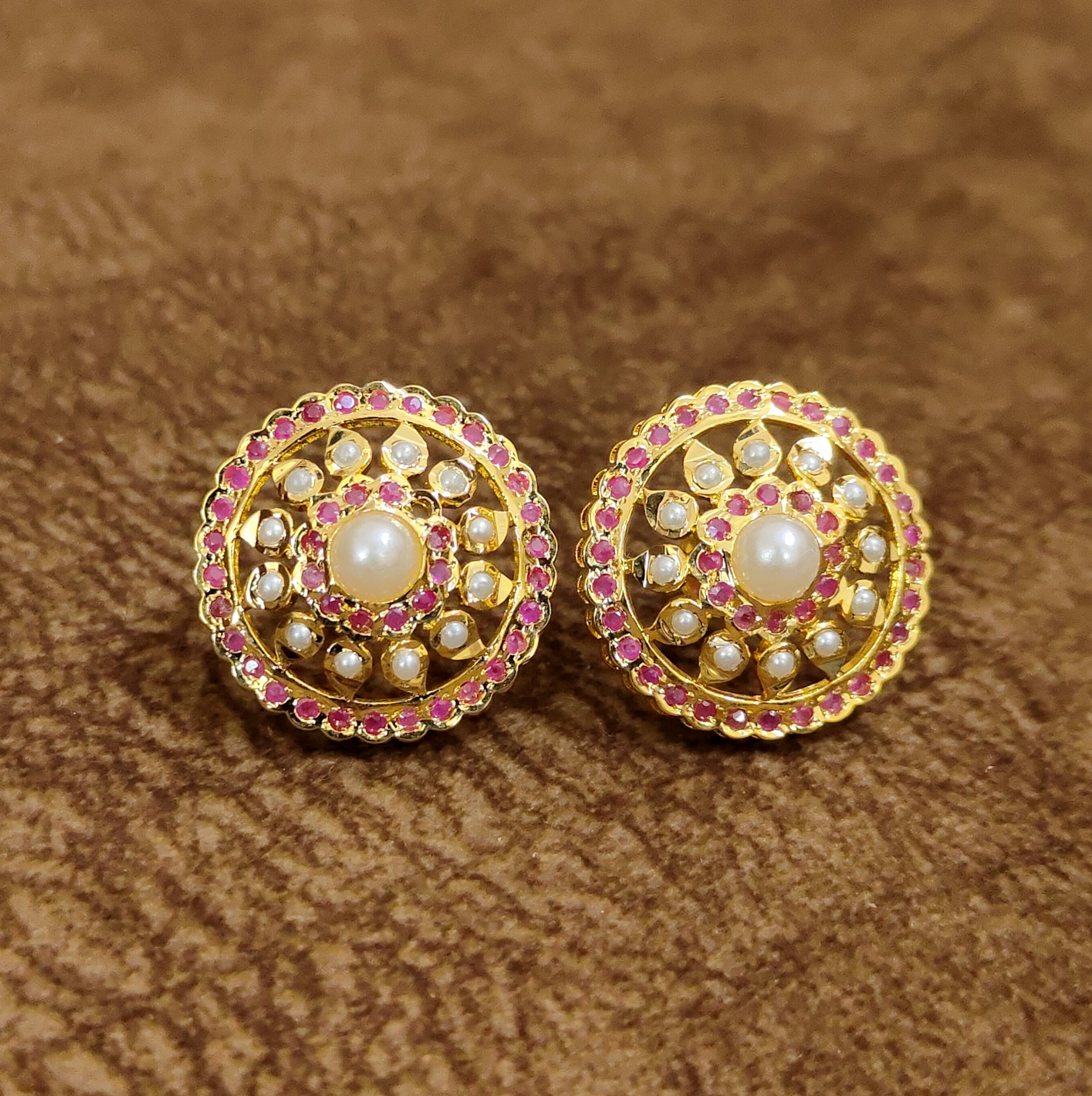 Ruby Pearl Temple Stud Earrings Designer Artificial Jewellery by Sanvi Jewels