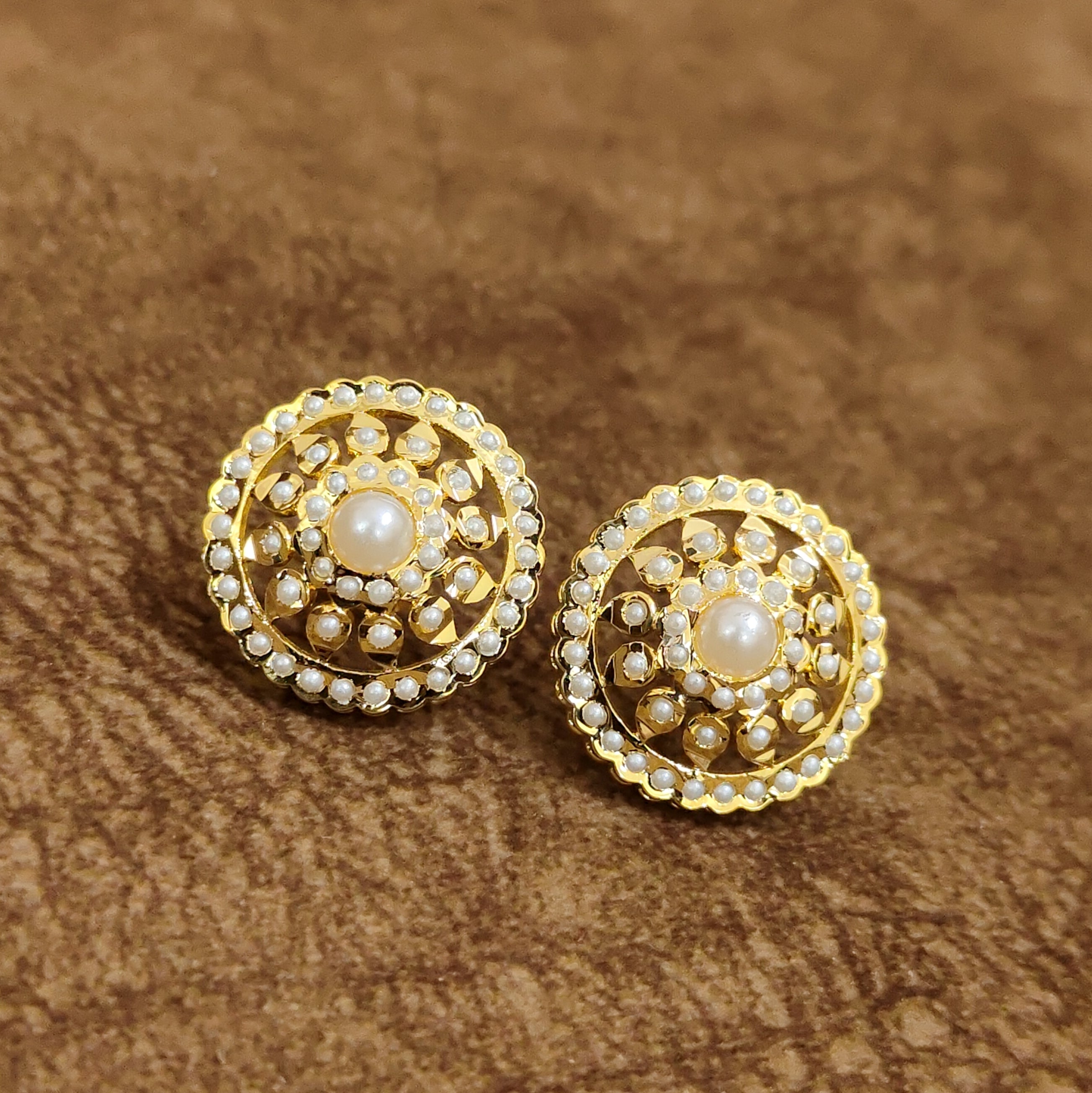 Pearl Temple Stud Earrings Designer Artificial Jewellery by Sanvi Jewels