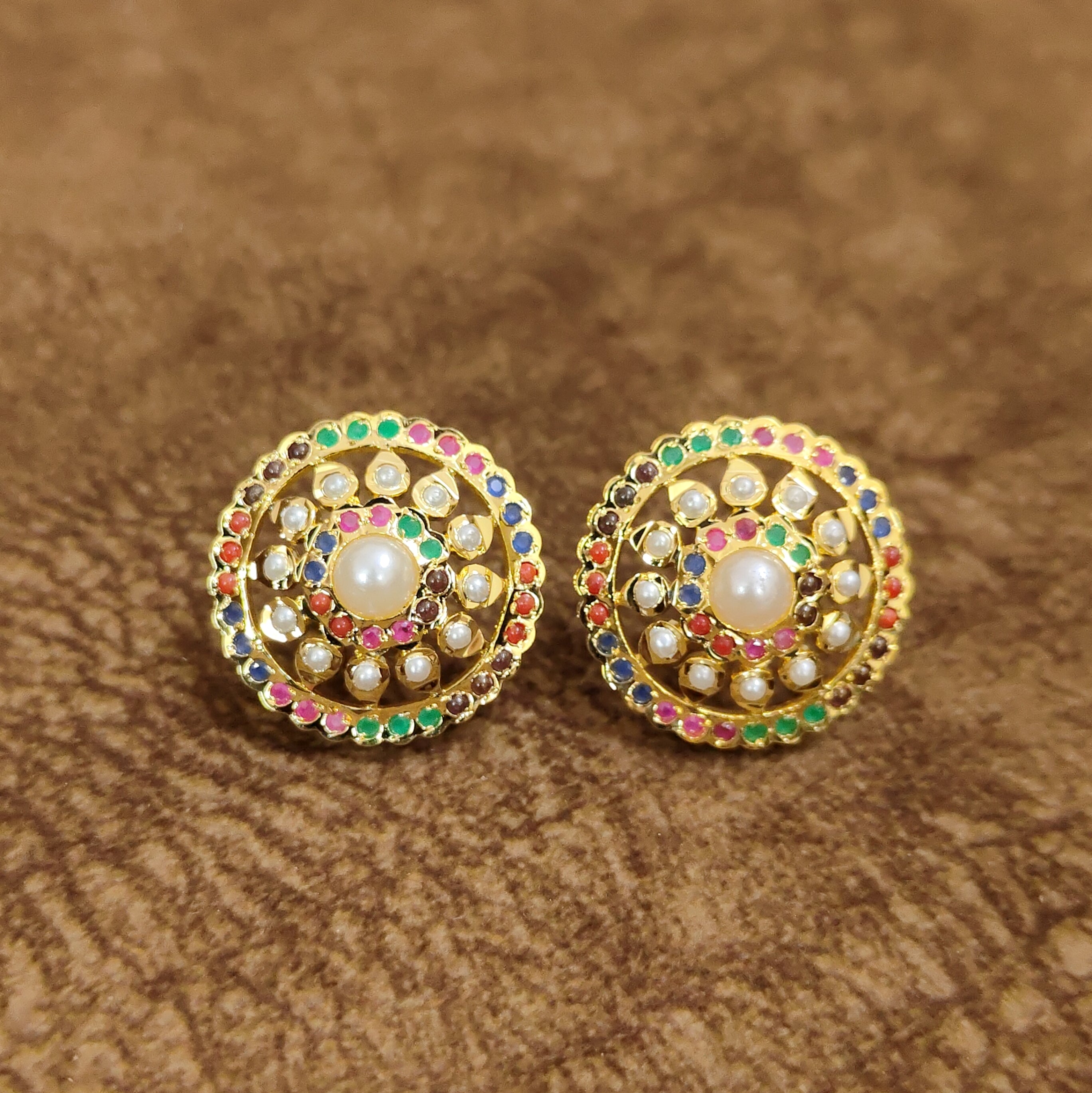 Navratna Pearl Temple Stud Earrings Multicolor Designer Artificial Jewellery by Sanvi Jewels