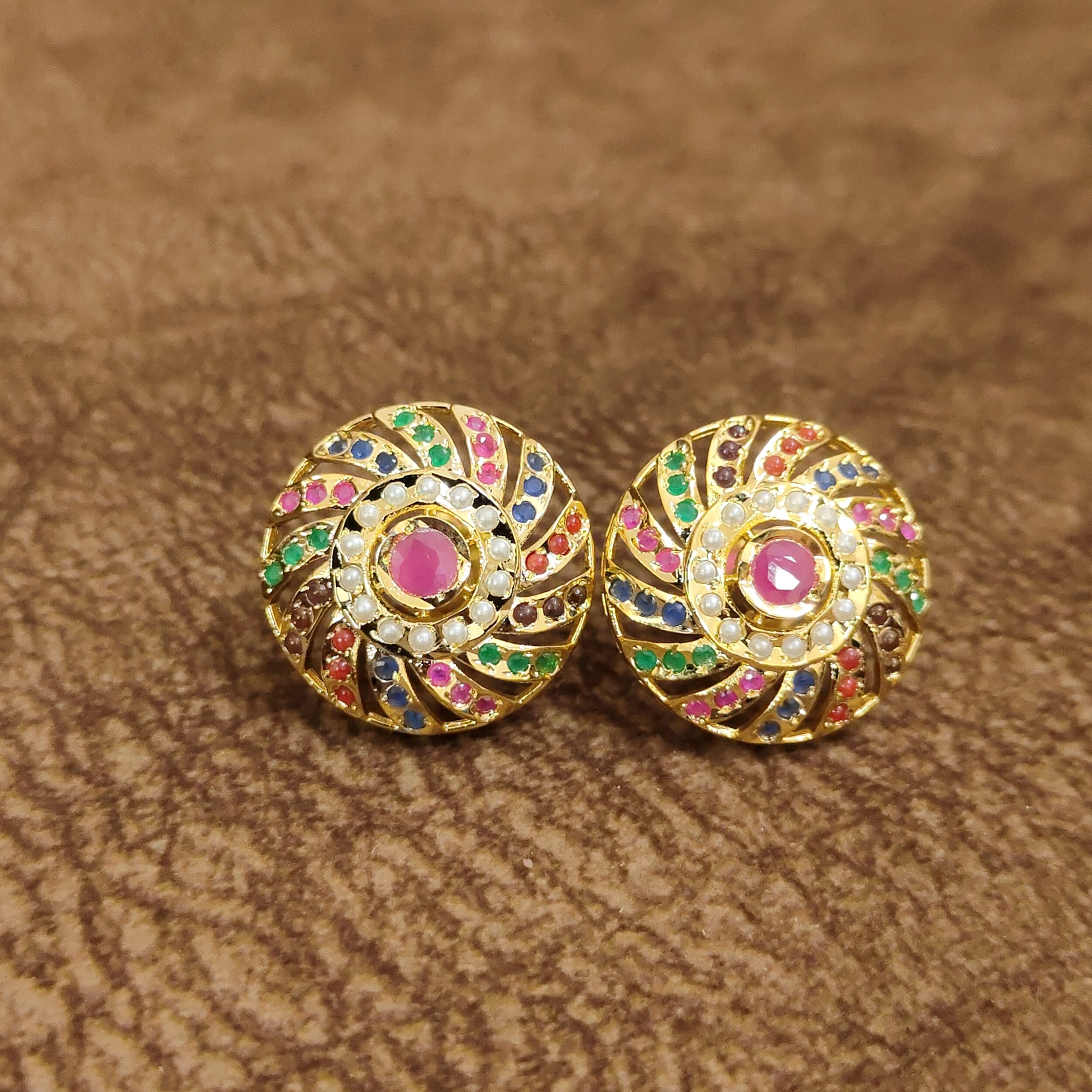 Navratna Ruby Swirl Temple Stud Earrings Multicolor Designer Artificial Jewellery by Sanvi Jewels
