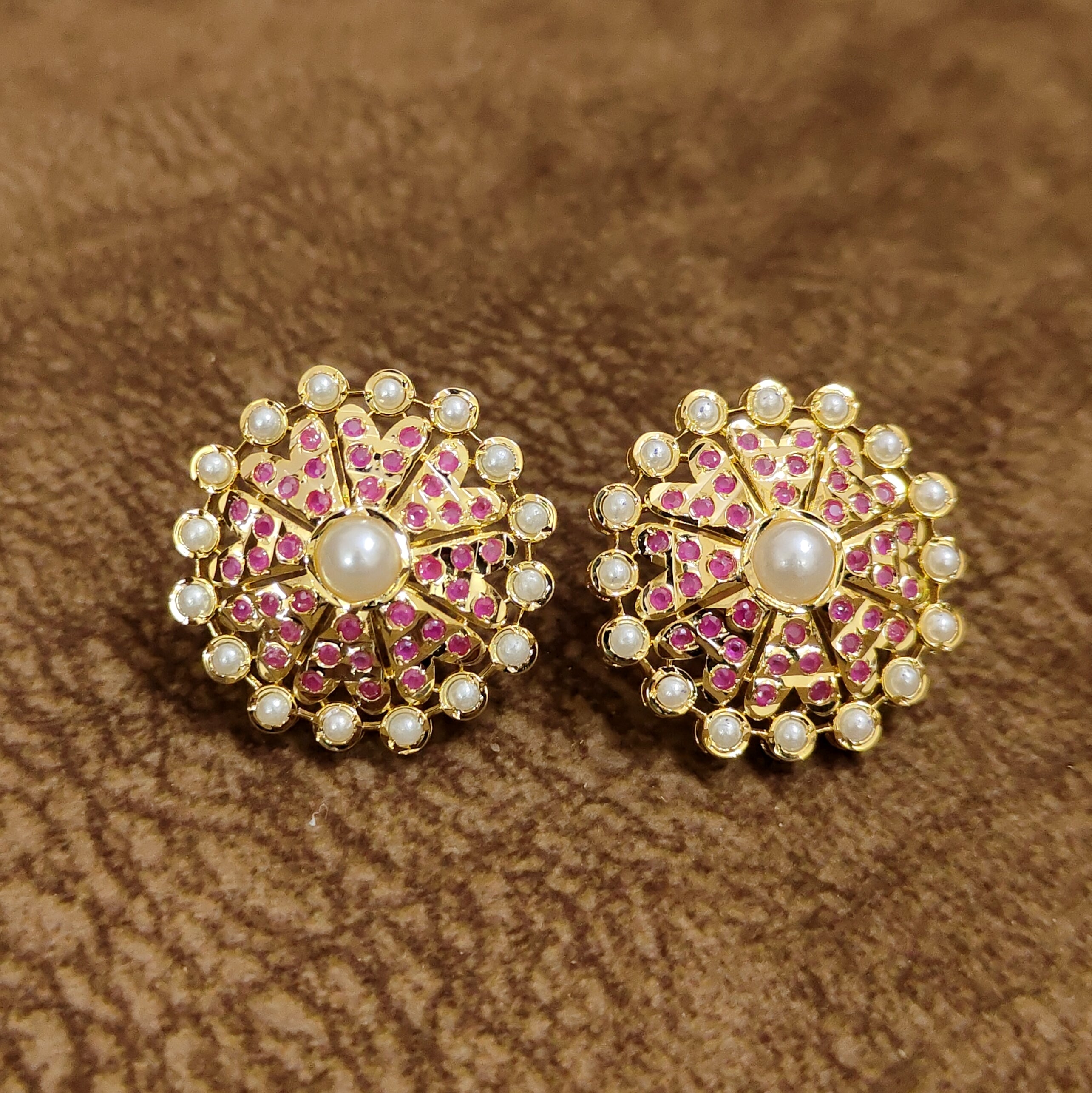 Ruby Pearl Floral Stud Earrings Designer Artificial Jewellery by Sanvi Jewels