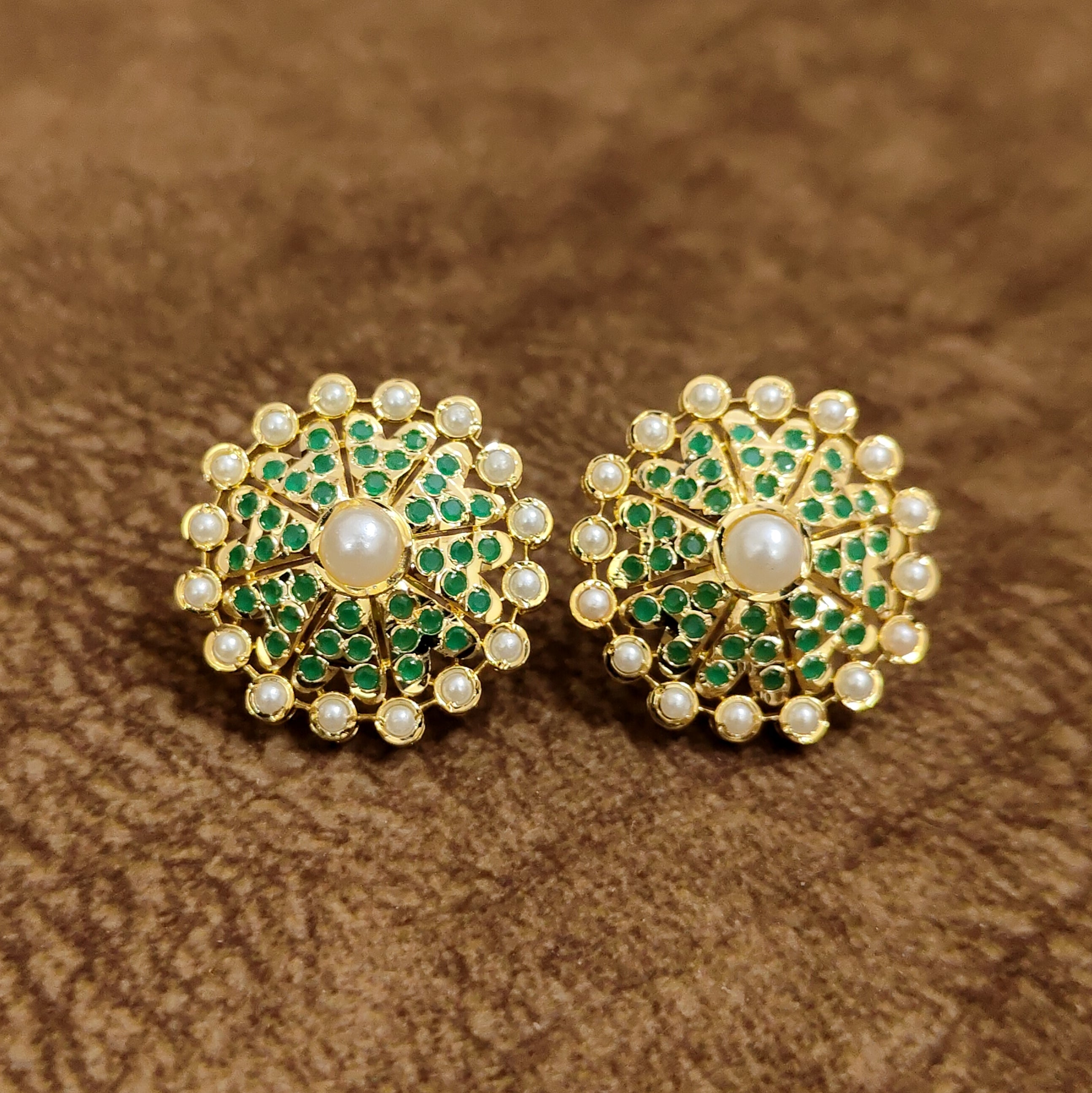 Emerald Green Pearl Floral Stud Earrings Designer Artificial Jewellery by Sanvi Jewels