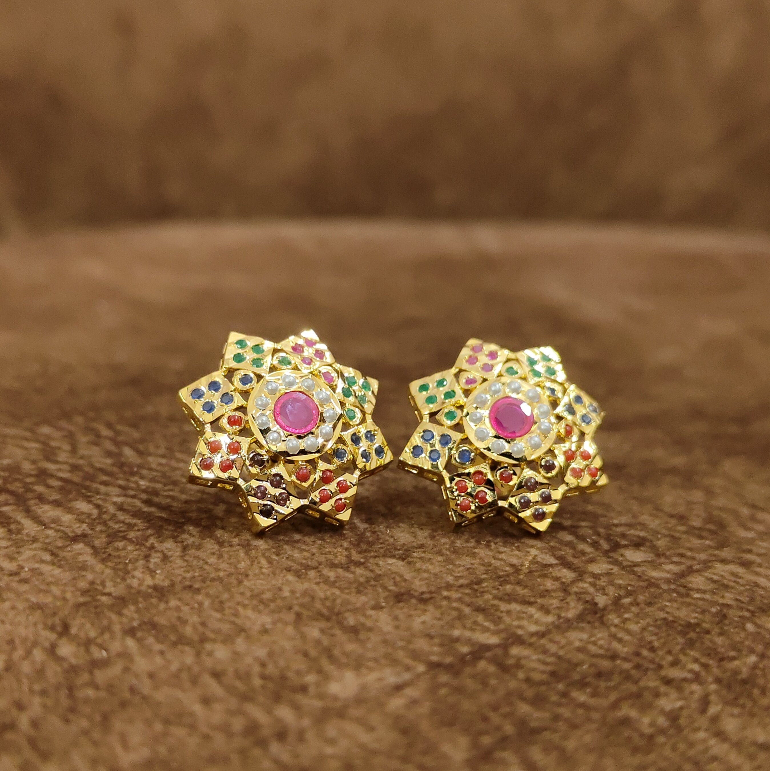 Navratna Star Floral Stud Earrings Multicolor Designer Artificial Jewellery by Sanvi Jewels