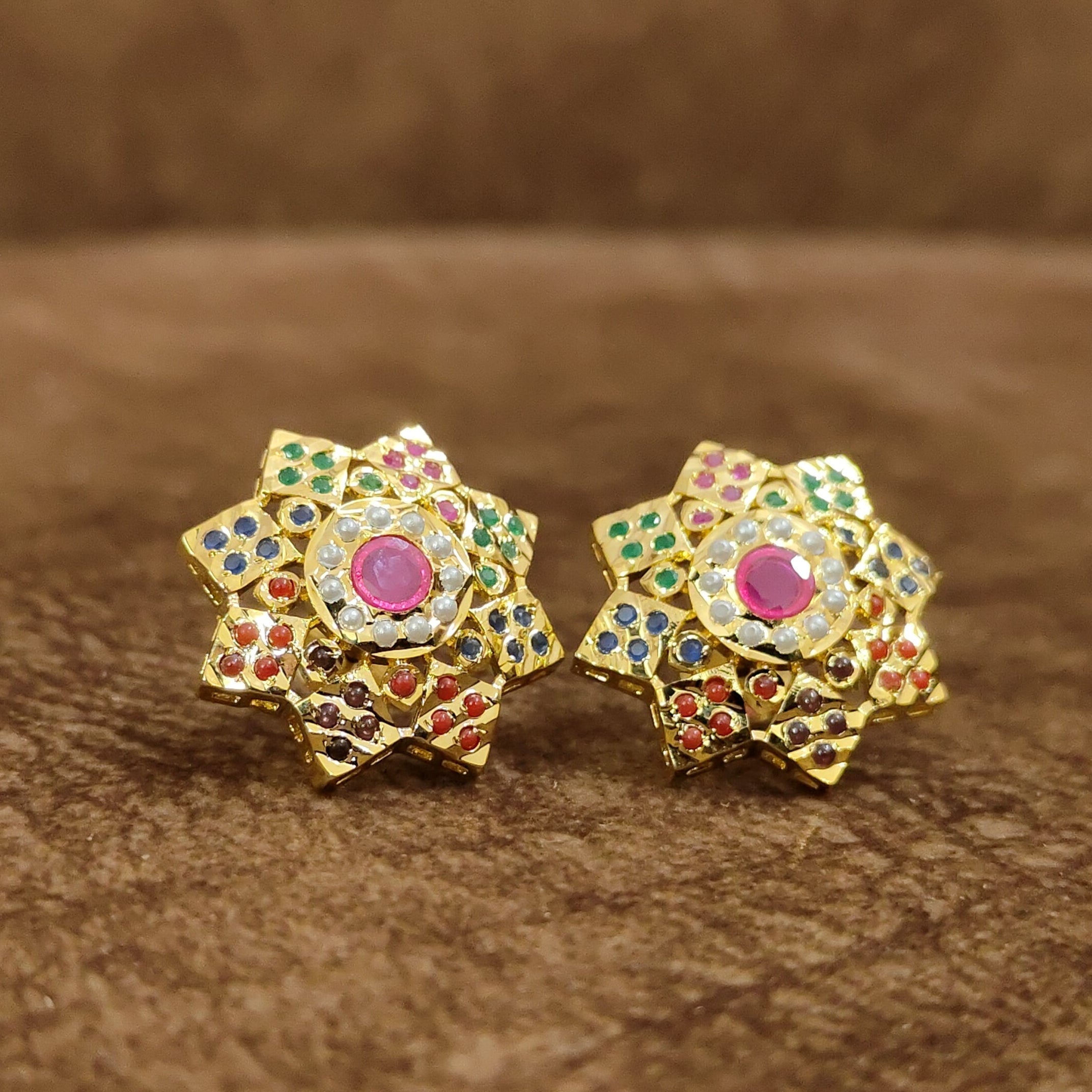 Navratna Star Floral Stud Earrings Multicolor Designer Artificial Jewellery by Sanvi Jewels