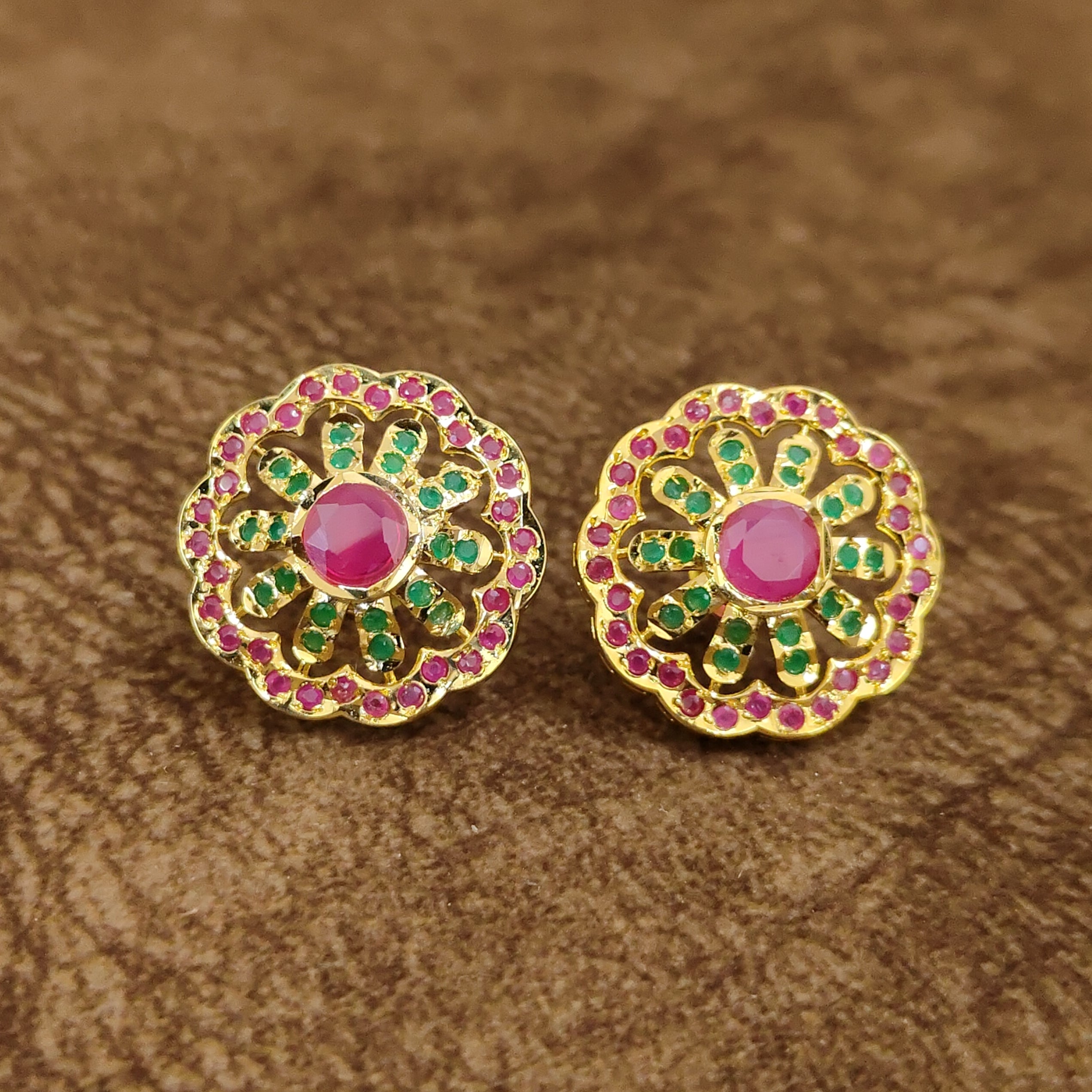 Ruby Emerald Floral Stud Earrings Designer Artificial Jewellery by Sanvi Jewels