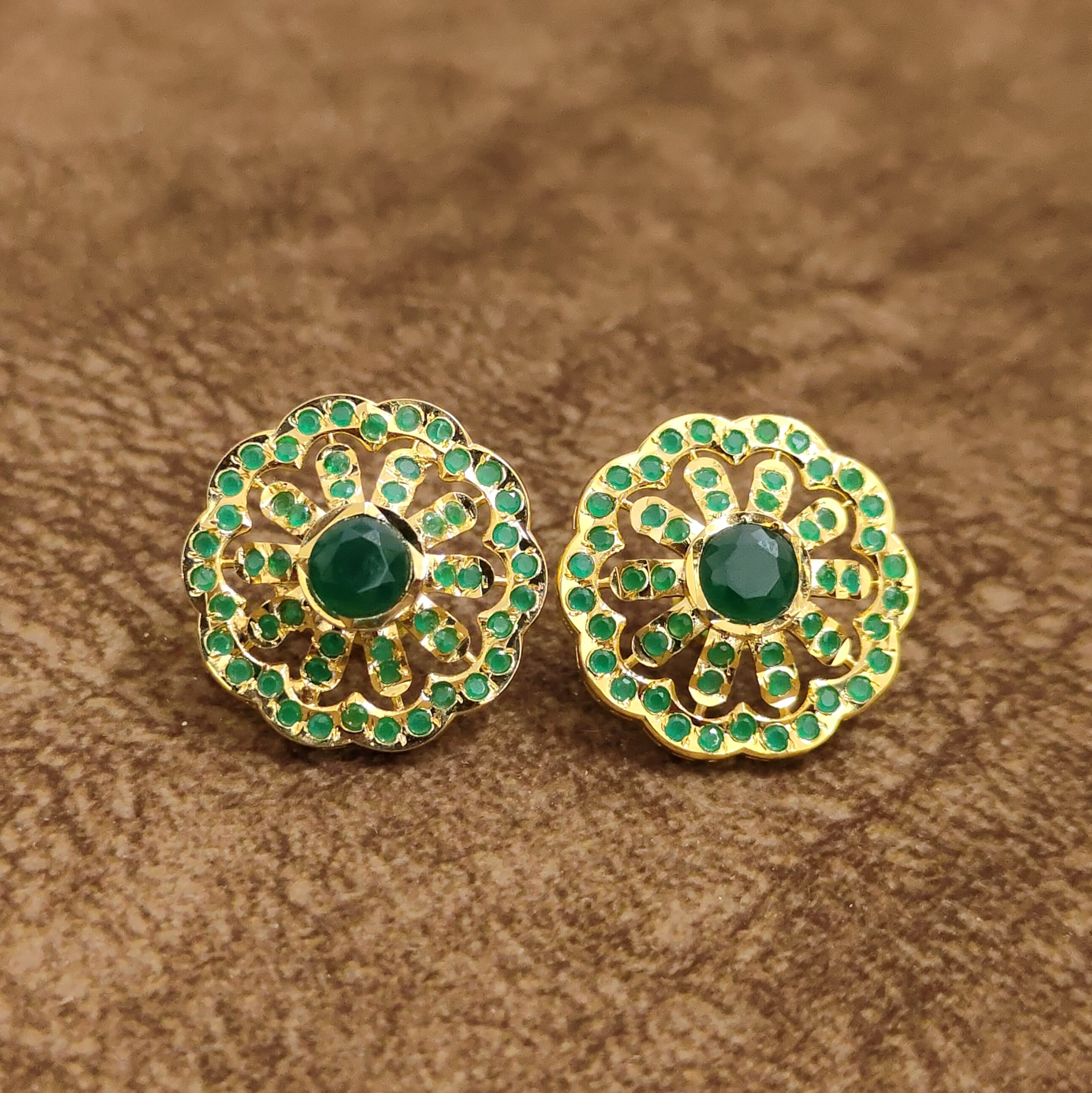 Emerald Green Floral Stud Earrings Designer Artificial Jewellery by Sanvi Jewels