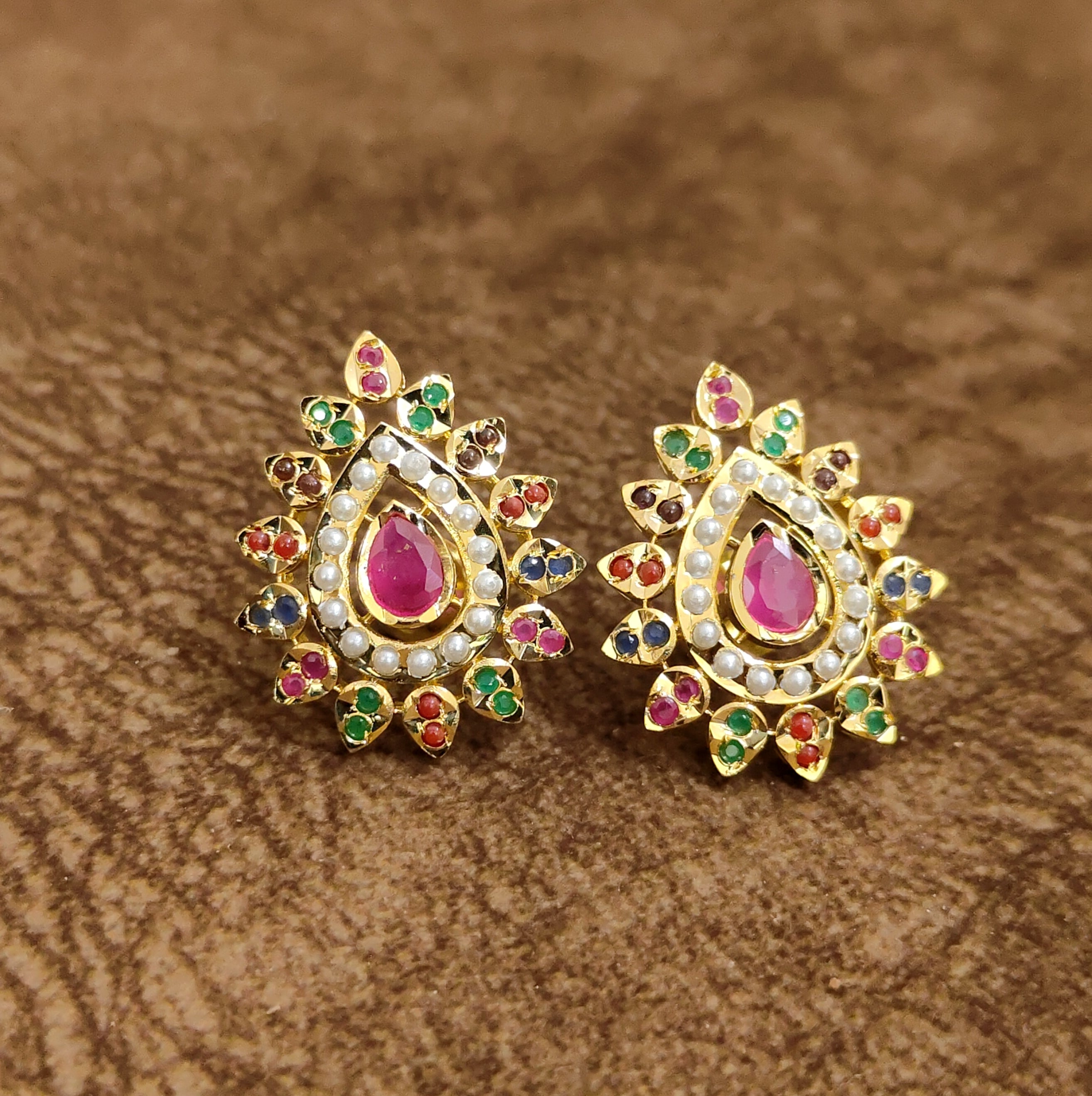 Navratna Ruby Pear Stud Earrings Temple Style Artificial Jewellery by Sanvi Jewels