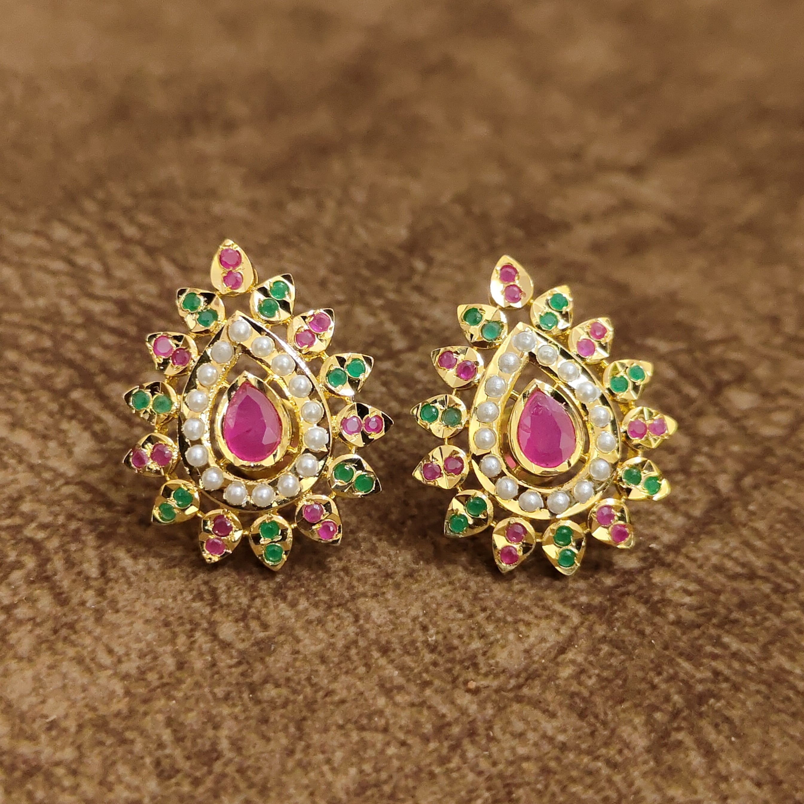 Ruby Pear Navratna Temple Stud Earrings Designer Artificial Jewellery by Sanvi Jewels