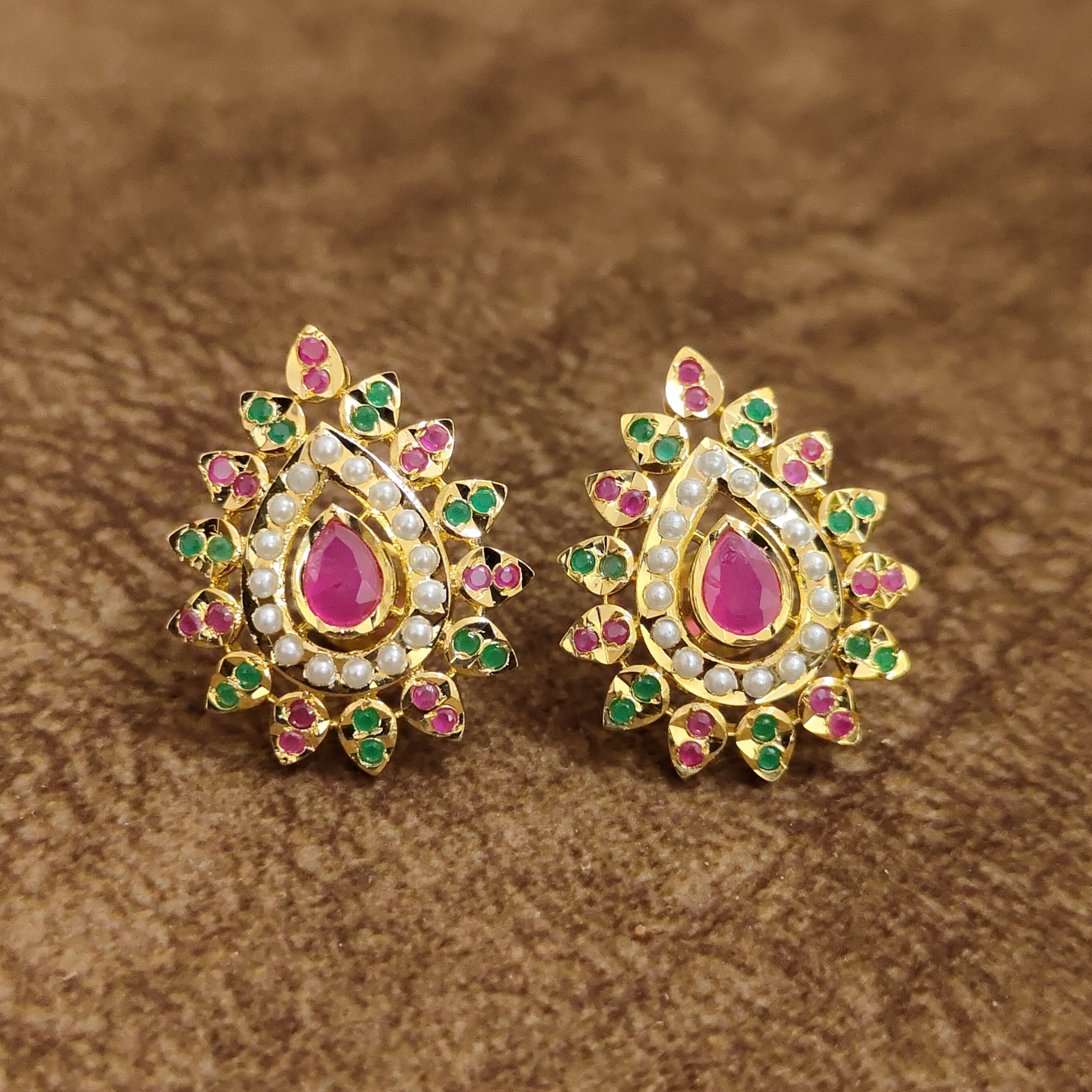 Ruby Pear Navratna Temple Stud Earrings Designer Artificial Jewellery by Sanvi Jewels
