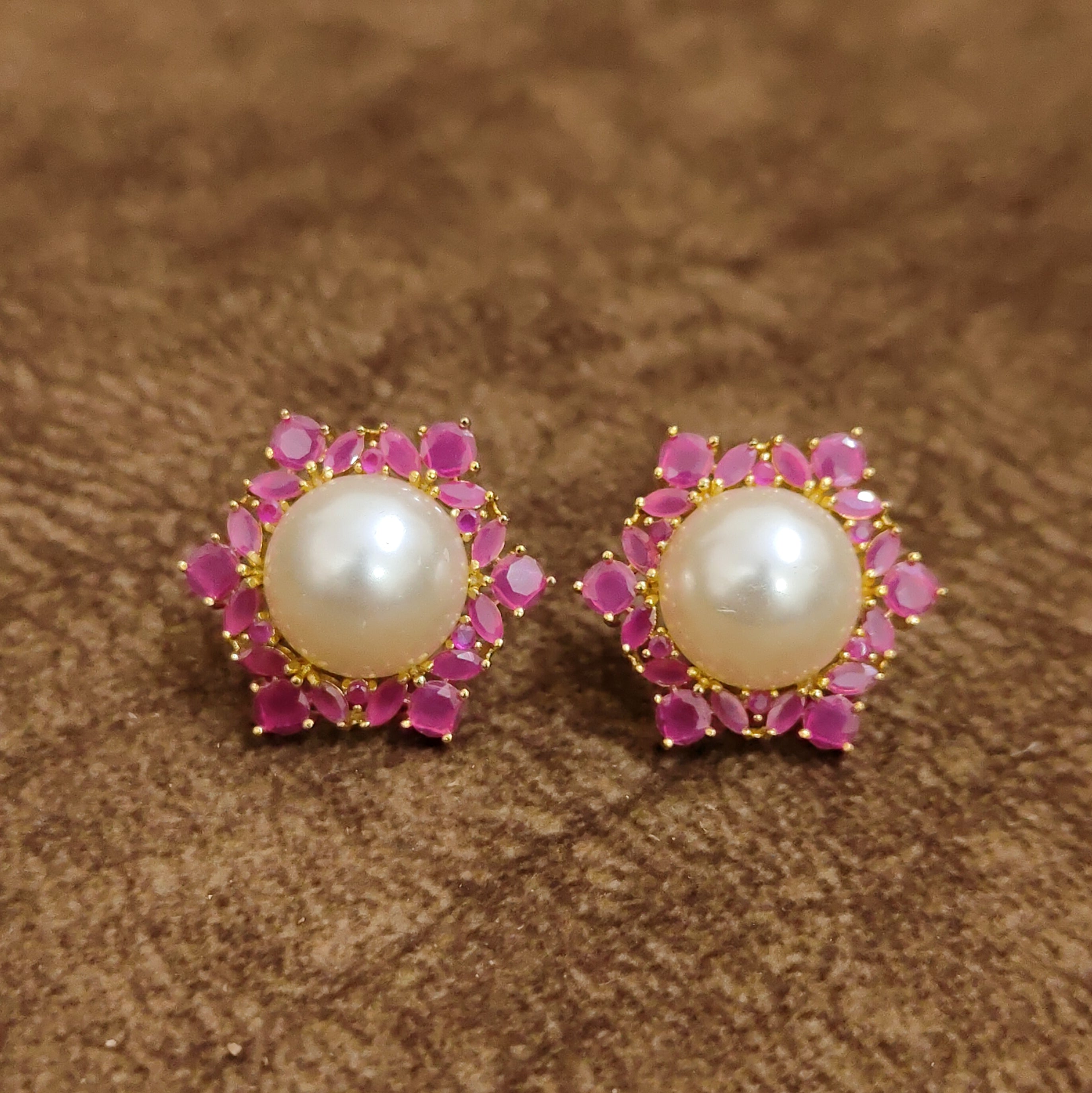 Ruby Pink Floral Pearl Stud Earrings Designer Artificial Jewellery by Sanvi Jewels