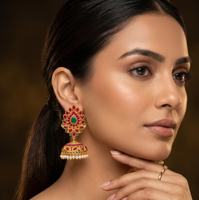 Multicolour Polki Pearl Jhumka Earrings – Detail Shot – Sanvi Jewels