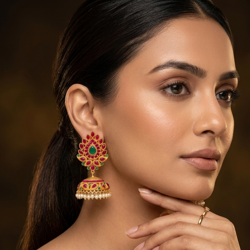Multicolour Polki Pearl Jhumka Earrings – Detail Shot – Sanvi Jewels