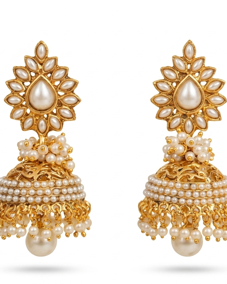 Pearl Jhumka Earrings – Lifestyle Shot – Sanvi Jewels