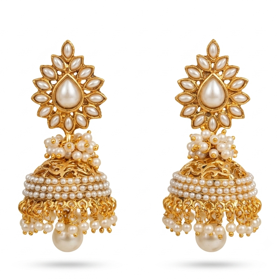 Pearl Jhumka Earrings – Lifestyle Shot – Sanvi Jewels