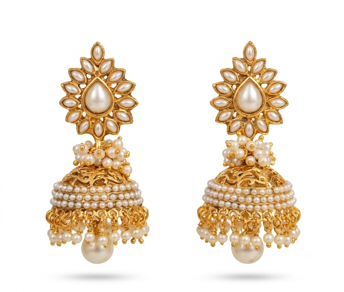 Pearl Jhumka Earrings – Lifestyle Shot – Sanvi Jewels