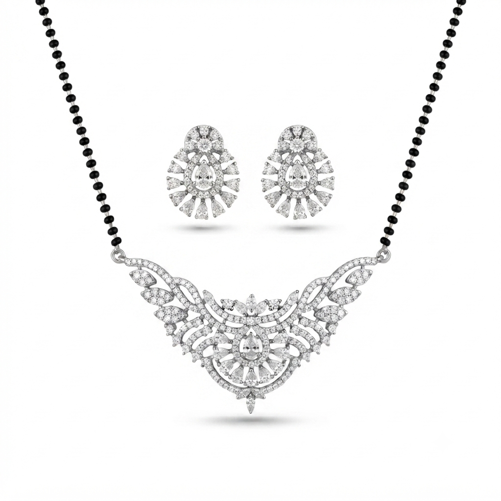 American Diamond Mangalsutra Set – Silver-Tone Variant – Sanvi Jewels