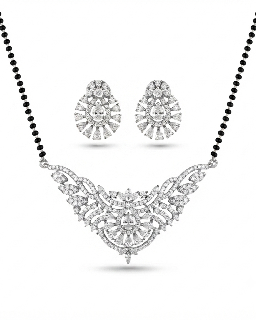 American Diamond Mangalsutra Set – Silver-Tone Variant – Sanvi Jewels