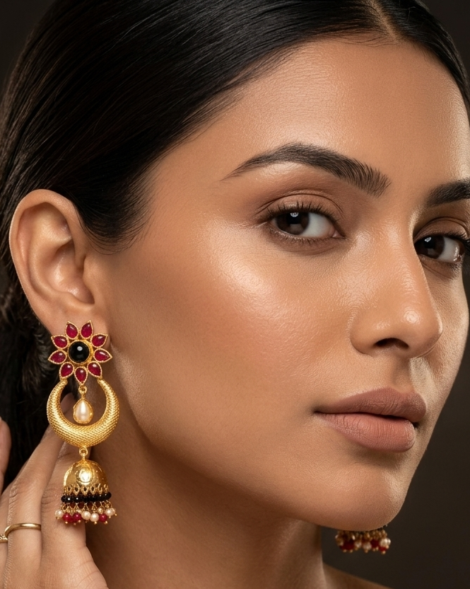 Multicolour Onyx Ruby Polki Jhumkas – Detail Shot – Sanvi Jewels