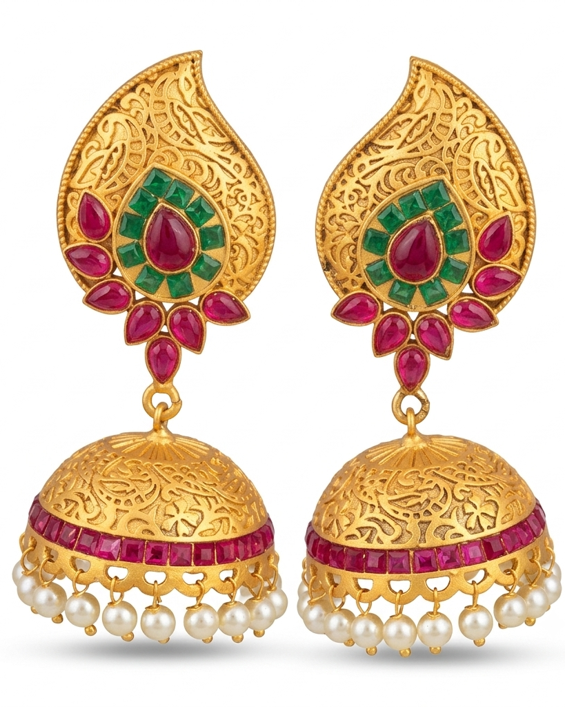 Multicolour Ruby Polki Paisley Jhumki – Lifestyle Shot – Sanvi Jewels