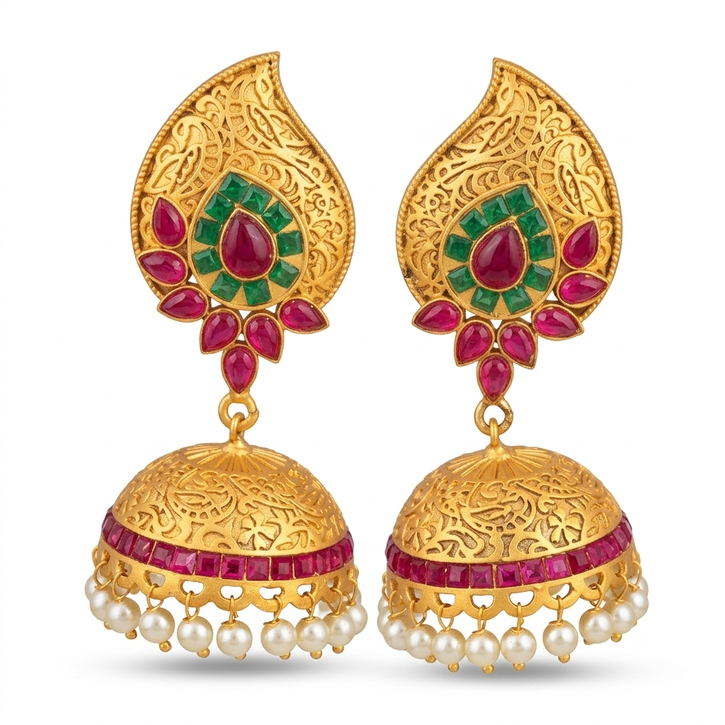 Multicolour Ruby Polki Paisley Jhumki – Lifestyle Shot – Sanvi Jewels