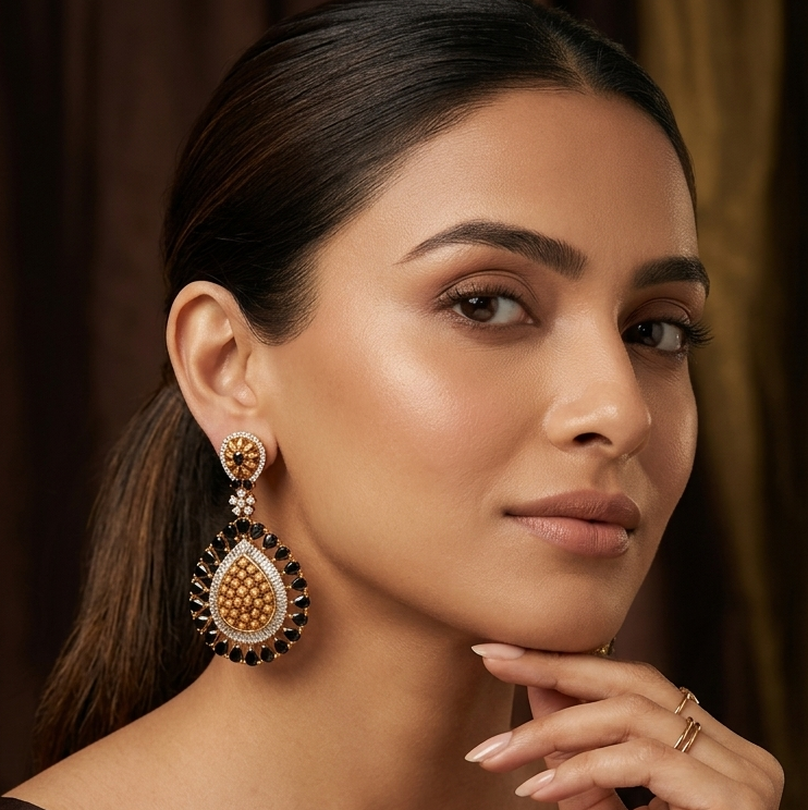 Black Onyx American Diamond Danglers – Antique Gold Finish – Sanvi Jewels