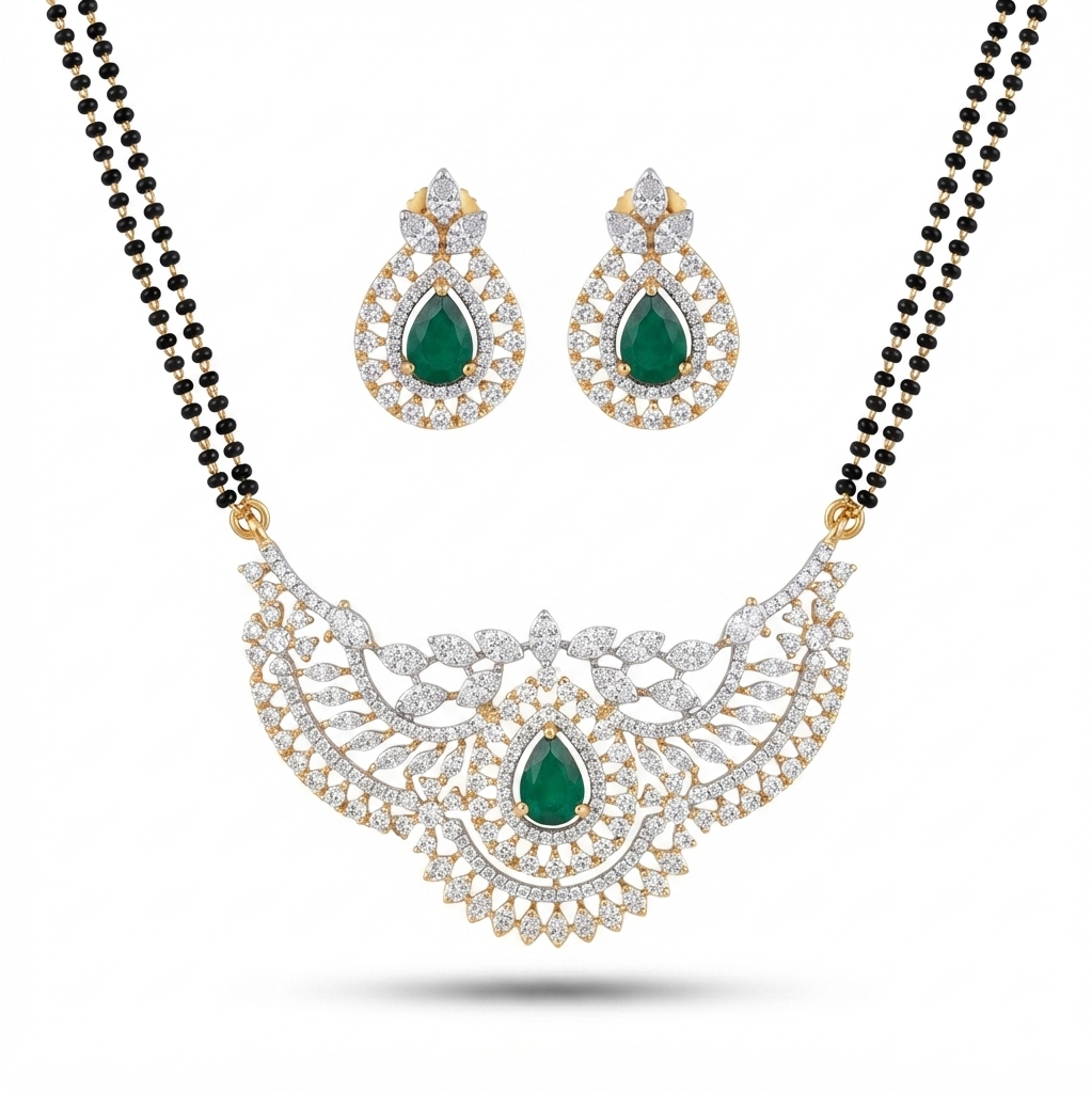 Green Stone American Diamond Mangalsutra – Sanvi Jewels