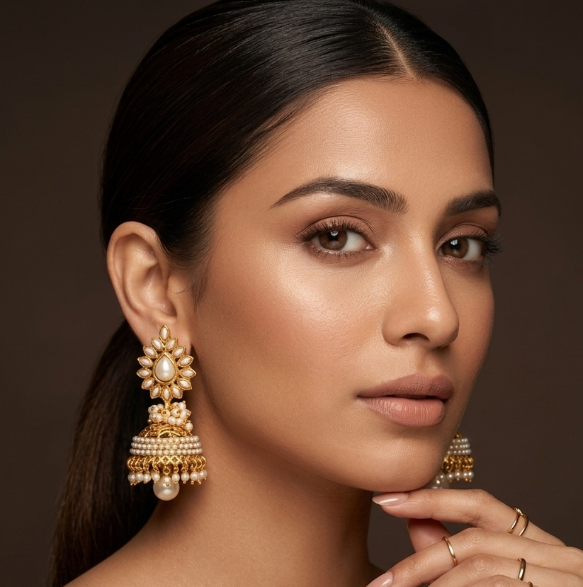 Pearl Jhumka Earrings – Detail Shot – Sanvi Jewels