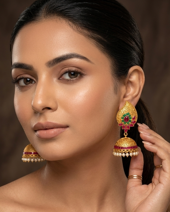 Multicolour Ruby Polki Paisley Jhumki – Detail Shot – Sanvi Jewels