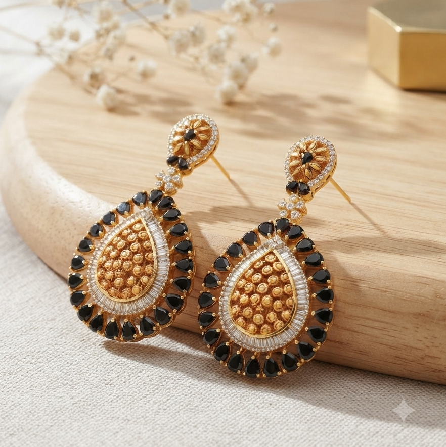 Antique Black Onyx Danglers – Statement Earrings – Sanvi Jewels