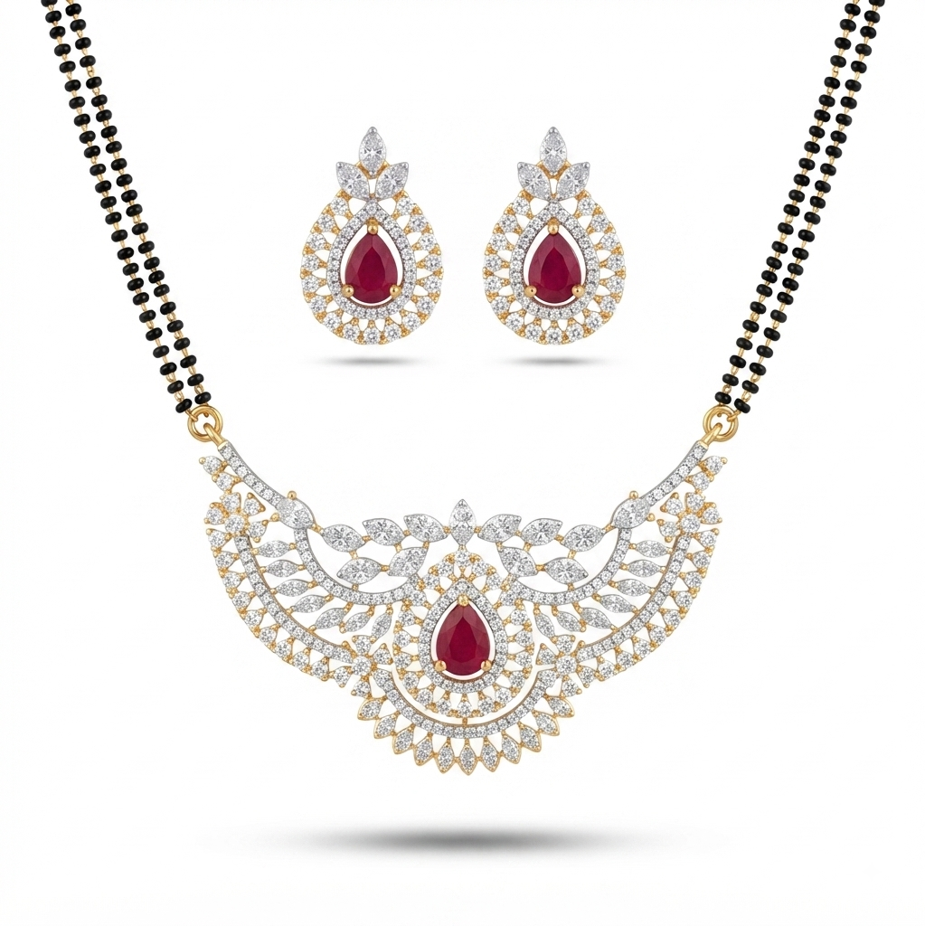 Ruby American Diamond Mangalsutra – Red Stone Pendant – Sanvi Jewels