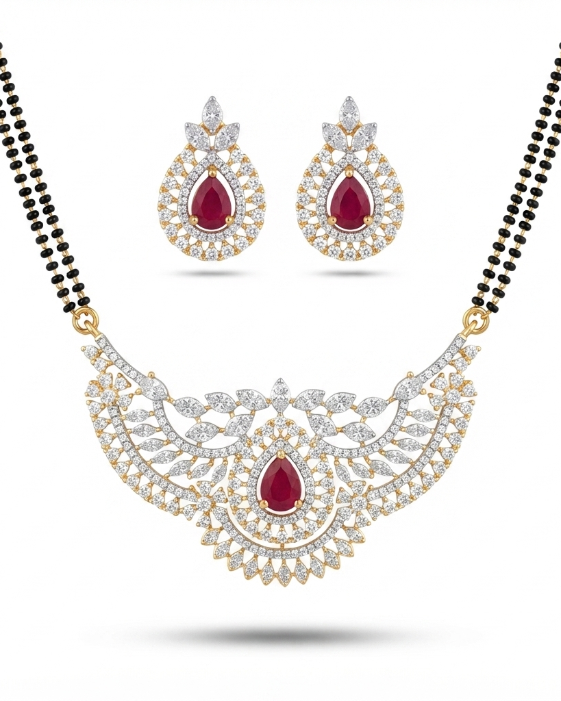 Ruby American Diamond Mangalsutra – Red Stone Pendant – Sanvi Jewels