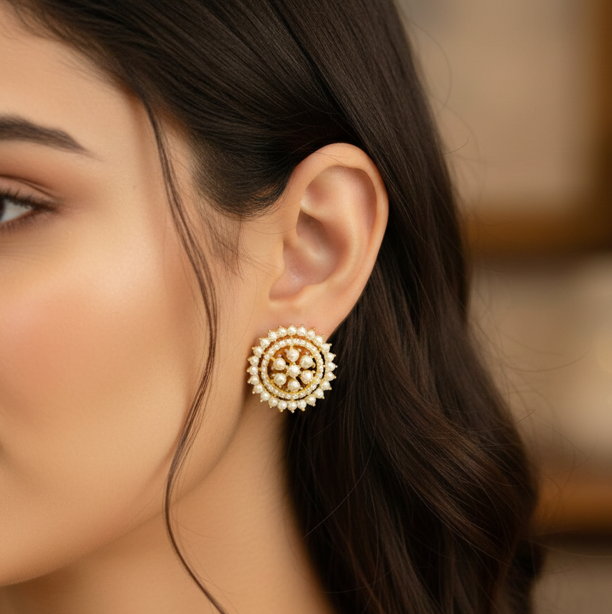 Close-up of a woman wearing a gold earring with a blurred background