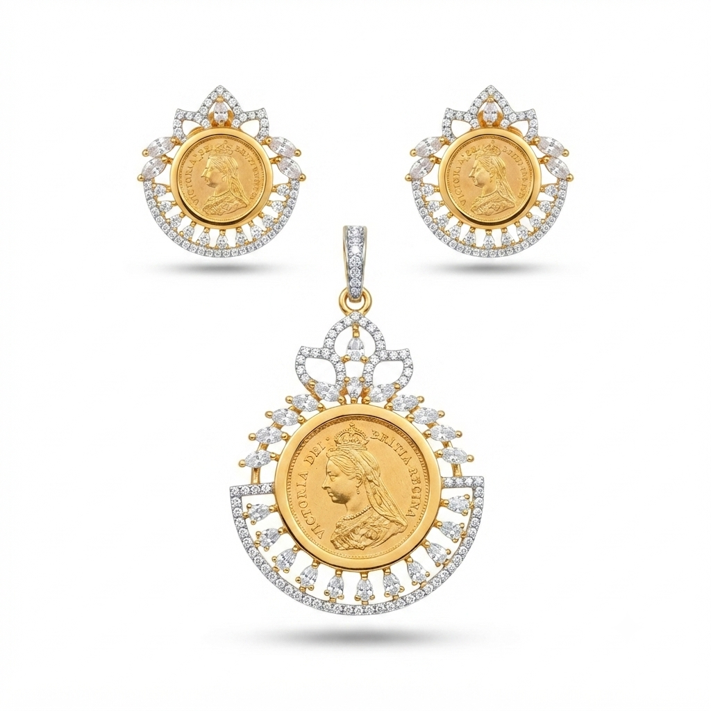 Victoria Coin Crown & Fan CZ Pendant & Earring Set – Full Set View – Sanvi Jewels