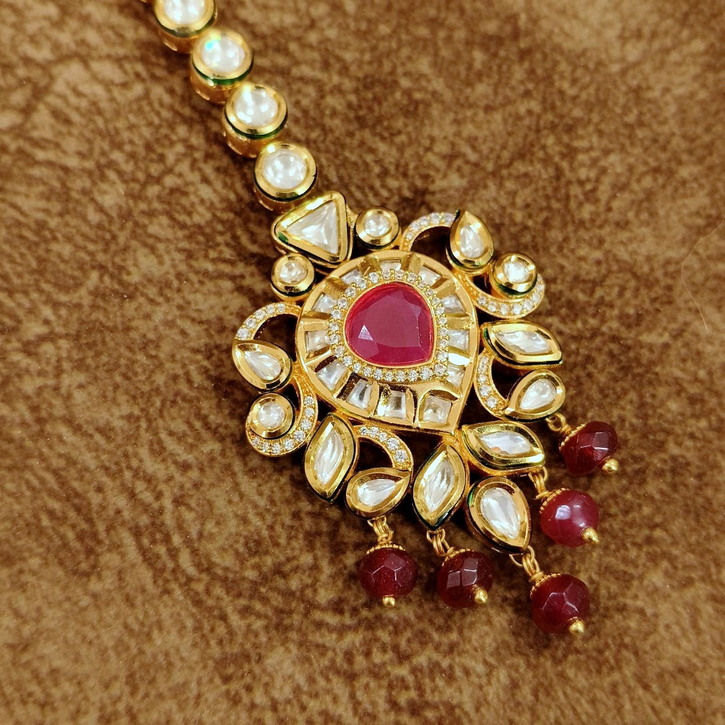 Royal Kundan Maang Tikka with Ruby Drop – Bridal Wedding Head Jewelry