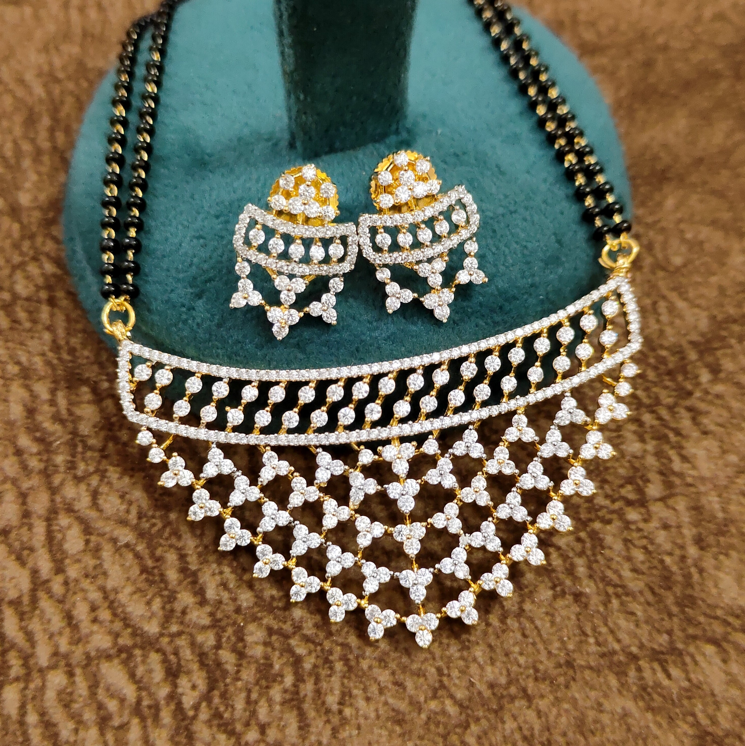 American Diamond Mangalsutra – Black Beaded Chain – Sanvi Jewels