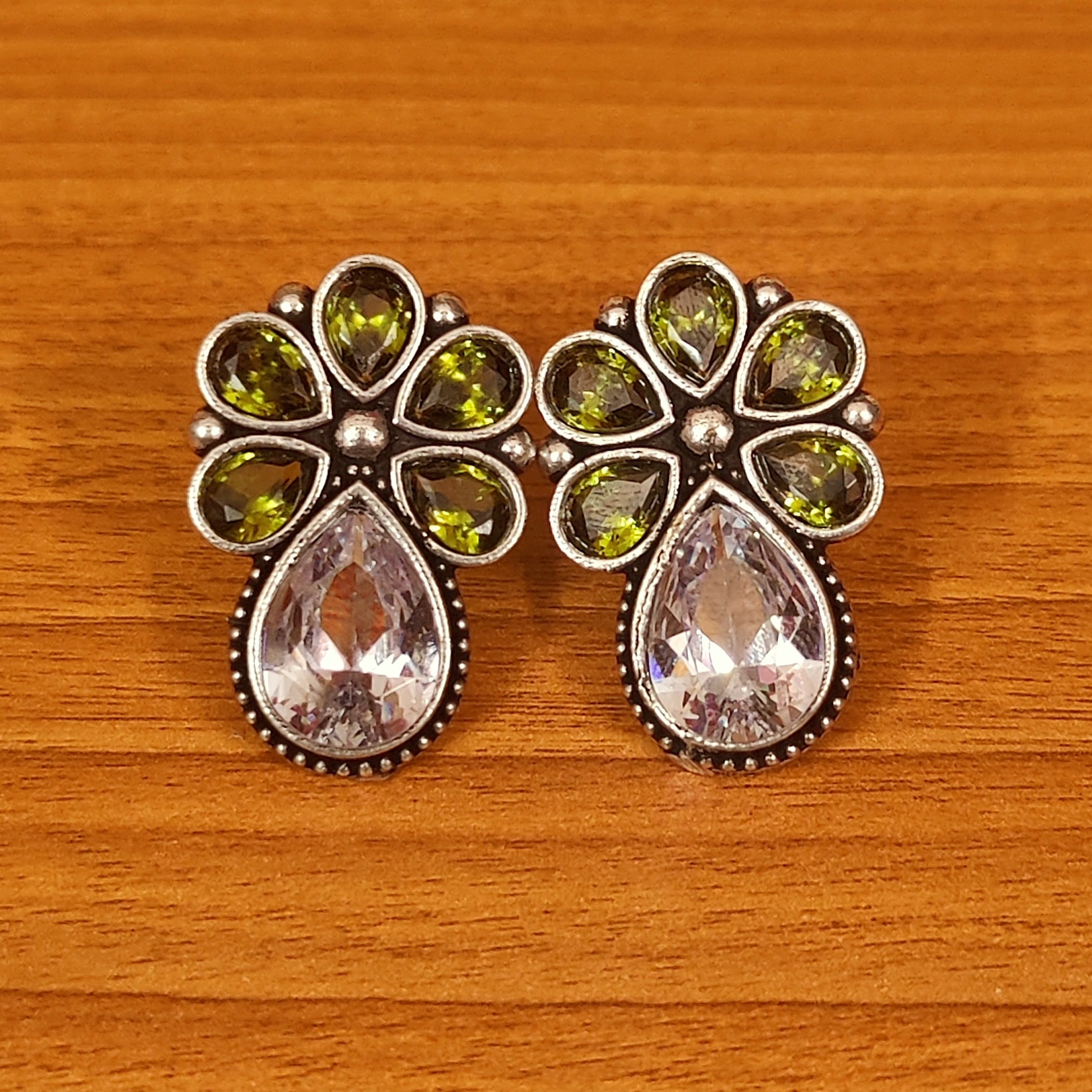 GREEN GARNET CZ STUDDED SILVER LOOK ALIKE STUDS