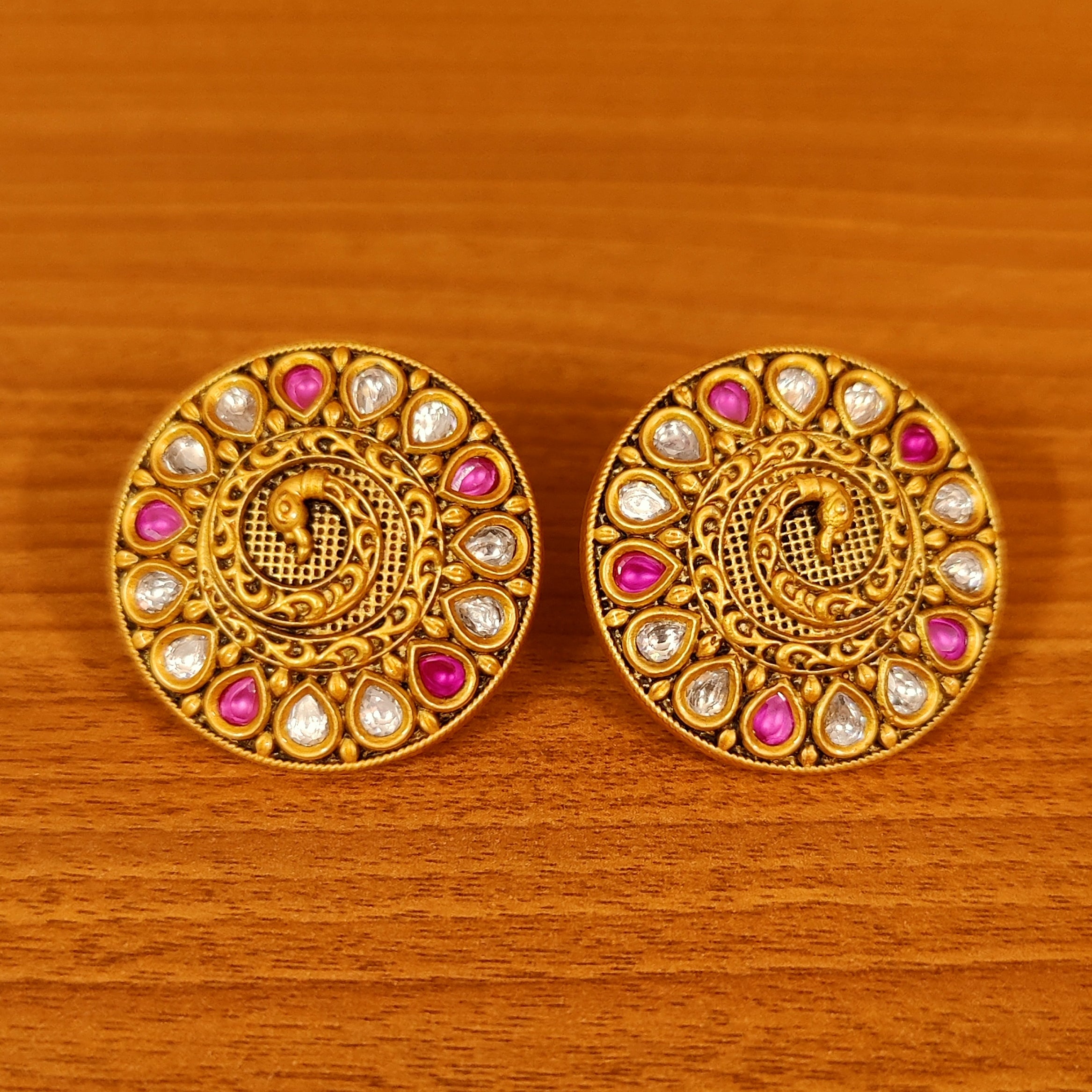 MATT GOLD LOOK KUNDAN & RUBY PEACOCK BIG STUDS