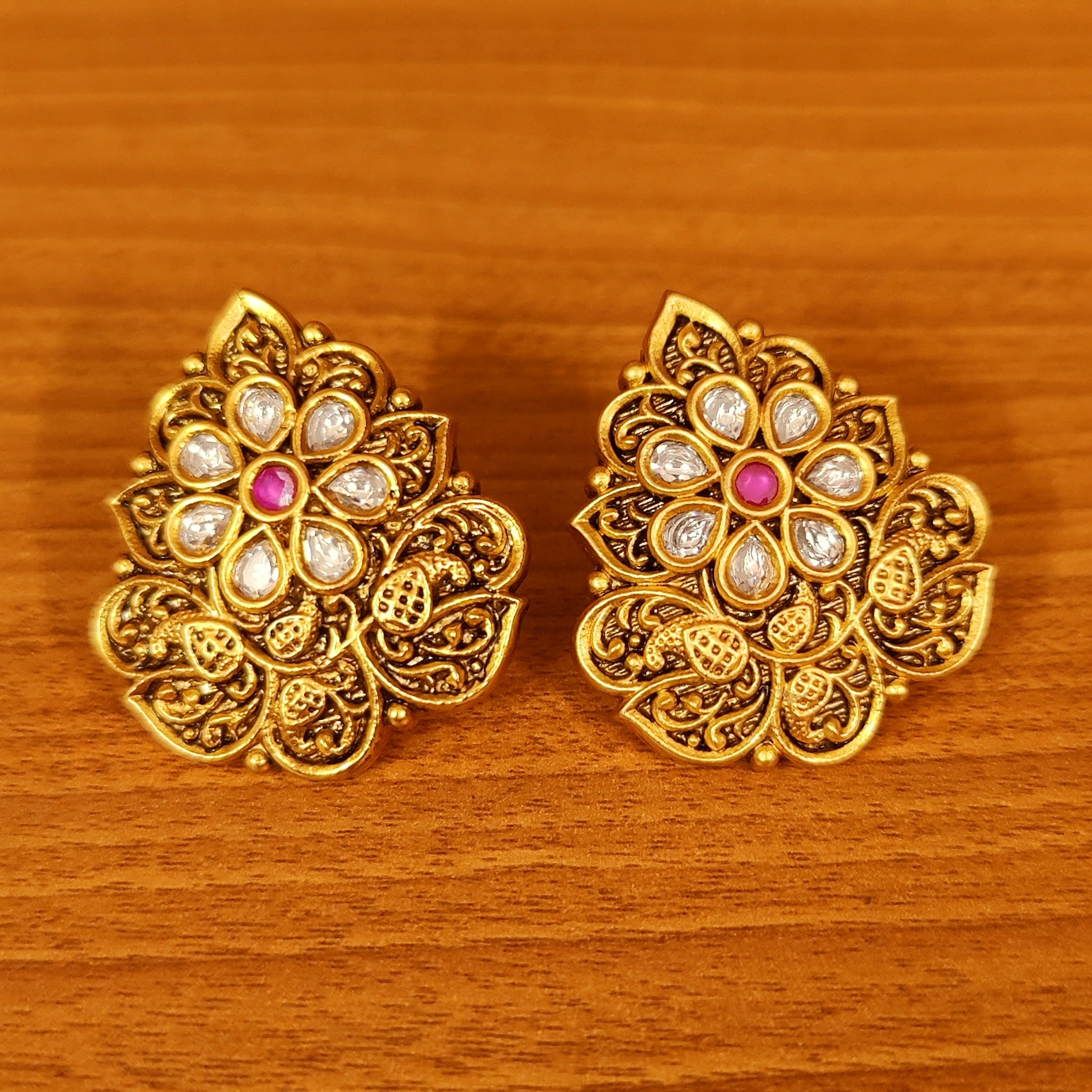 RUBY MATT GOLD LOOK HANDCARVED BIG STUDS