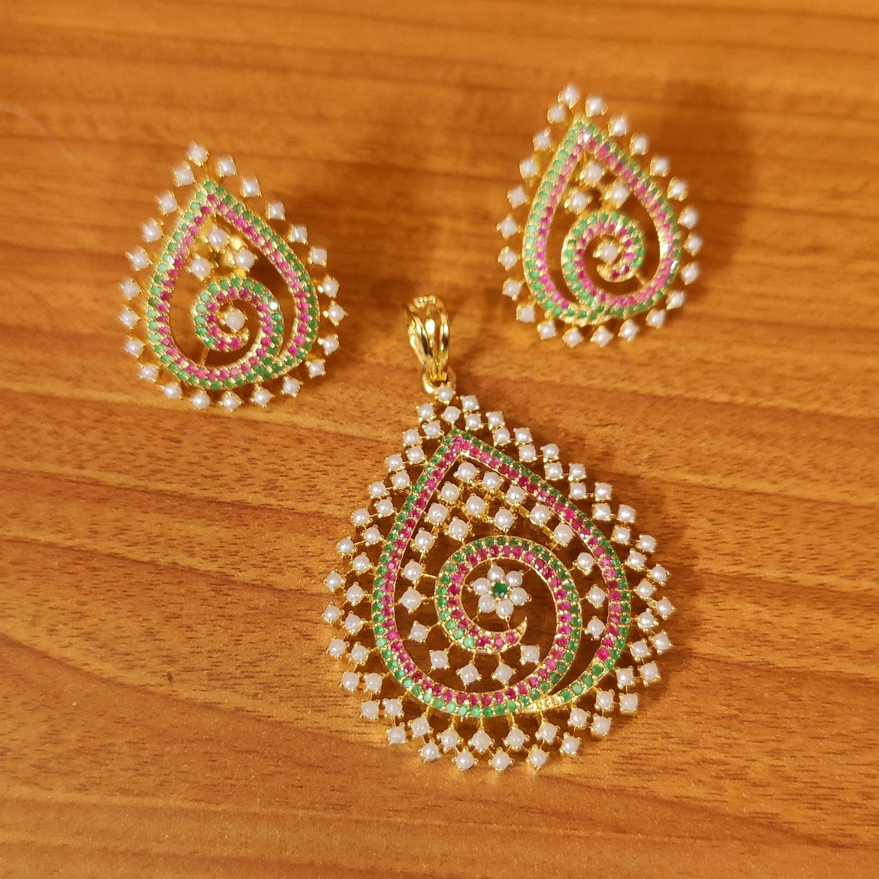 RUBY & EMERALD CZ STUDDED PENDANT SET
