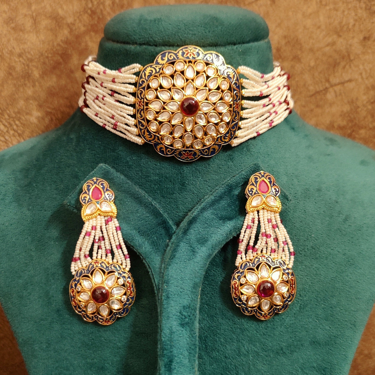KUNDAN POLKI PEARL RUBY CHOKER NECKLACE SET – Sanvi Jewels
