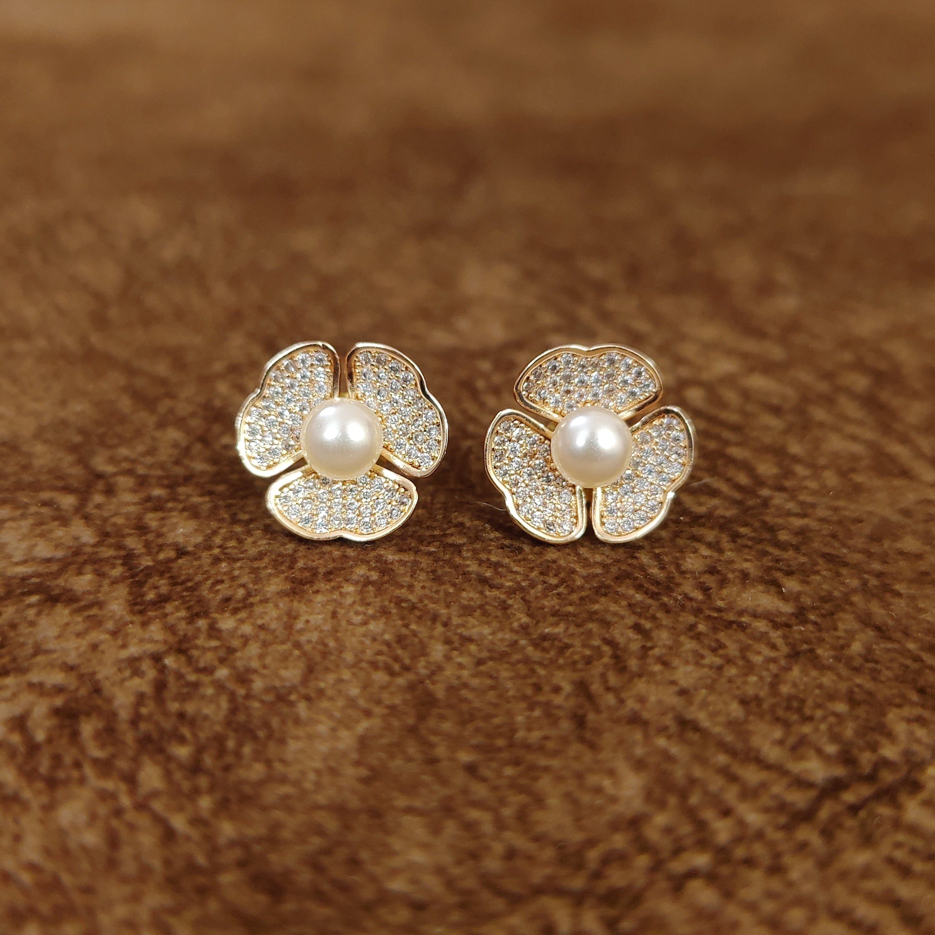DIAMOND LOOK FLOWER PETAL PEARL STUDS