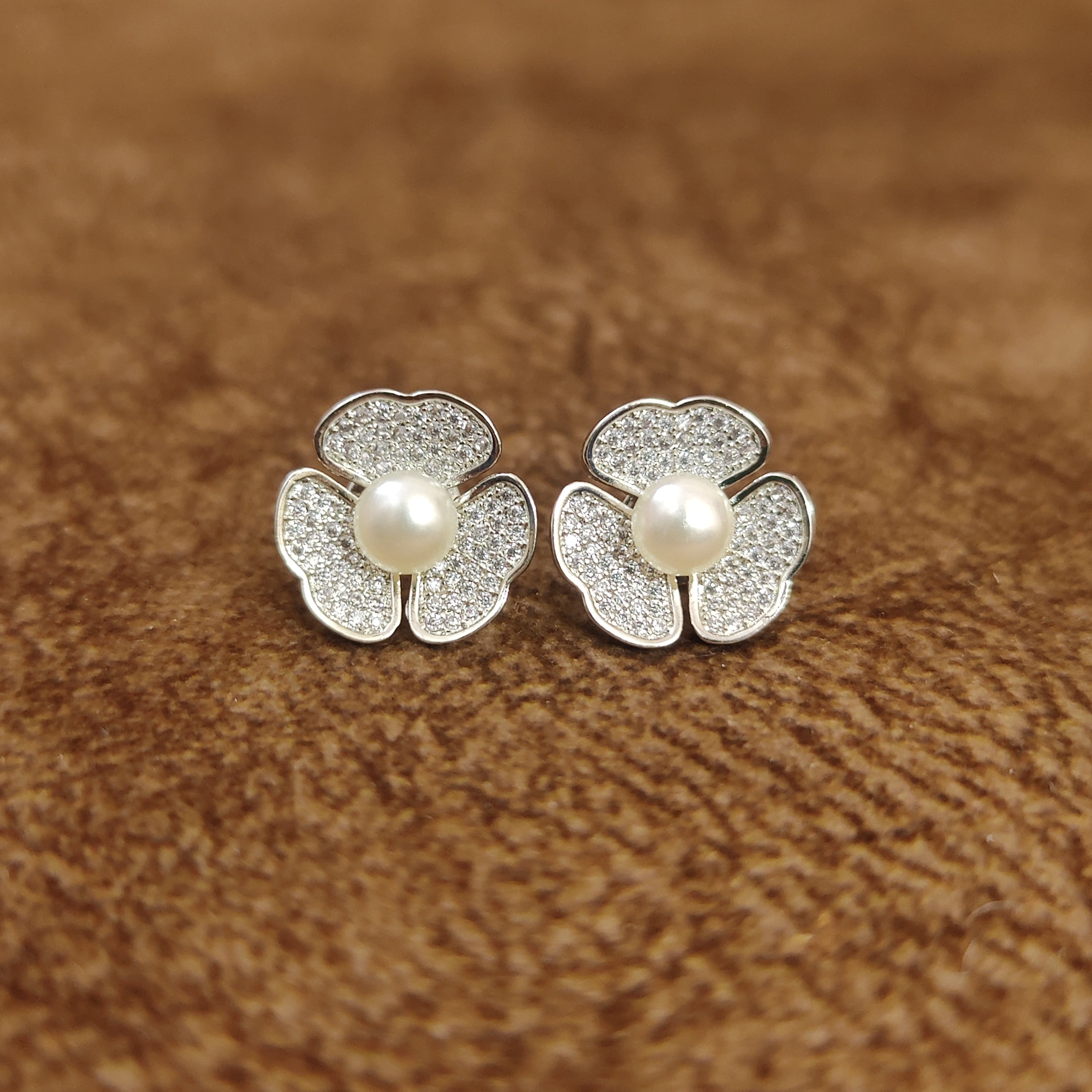 DIAMOND LOOK FLOWER PETAL PEARL STUDS