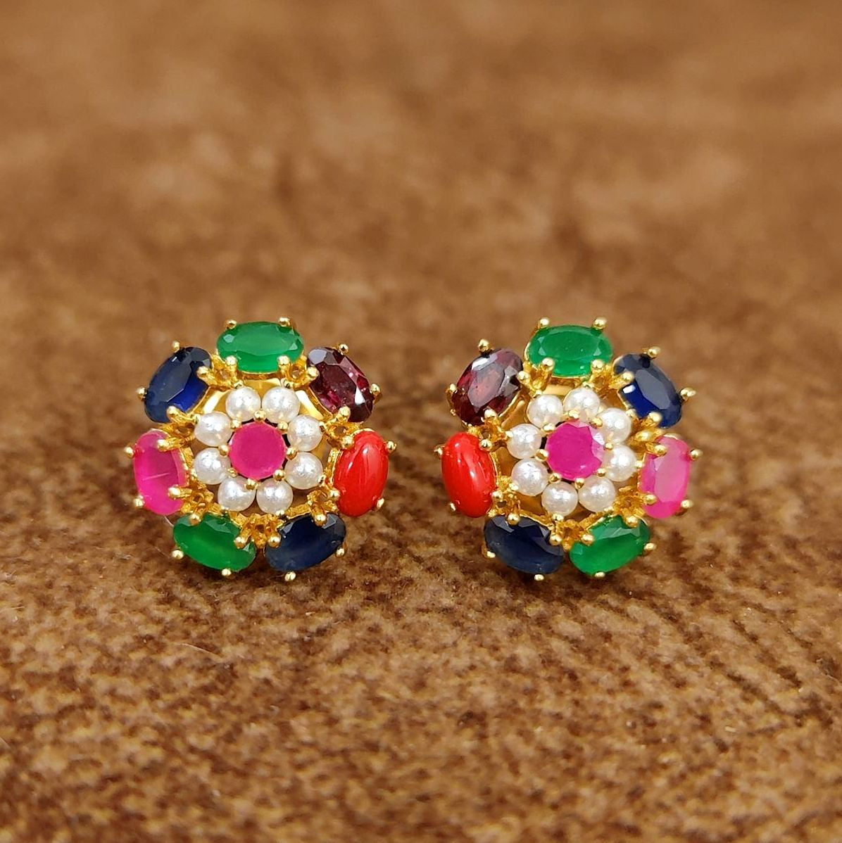 Navratna Multicolor Floral Pearl Stud Earrings by Sanvi Jewels Designer Imitation Jewellery