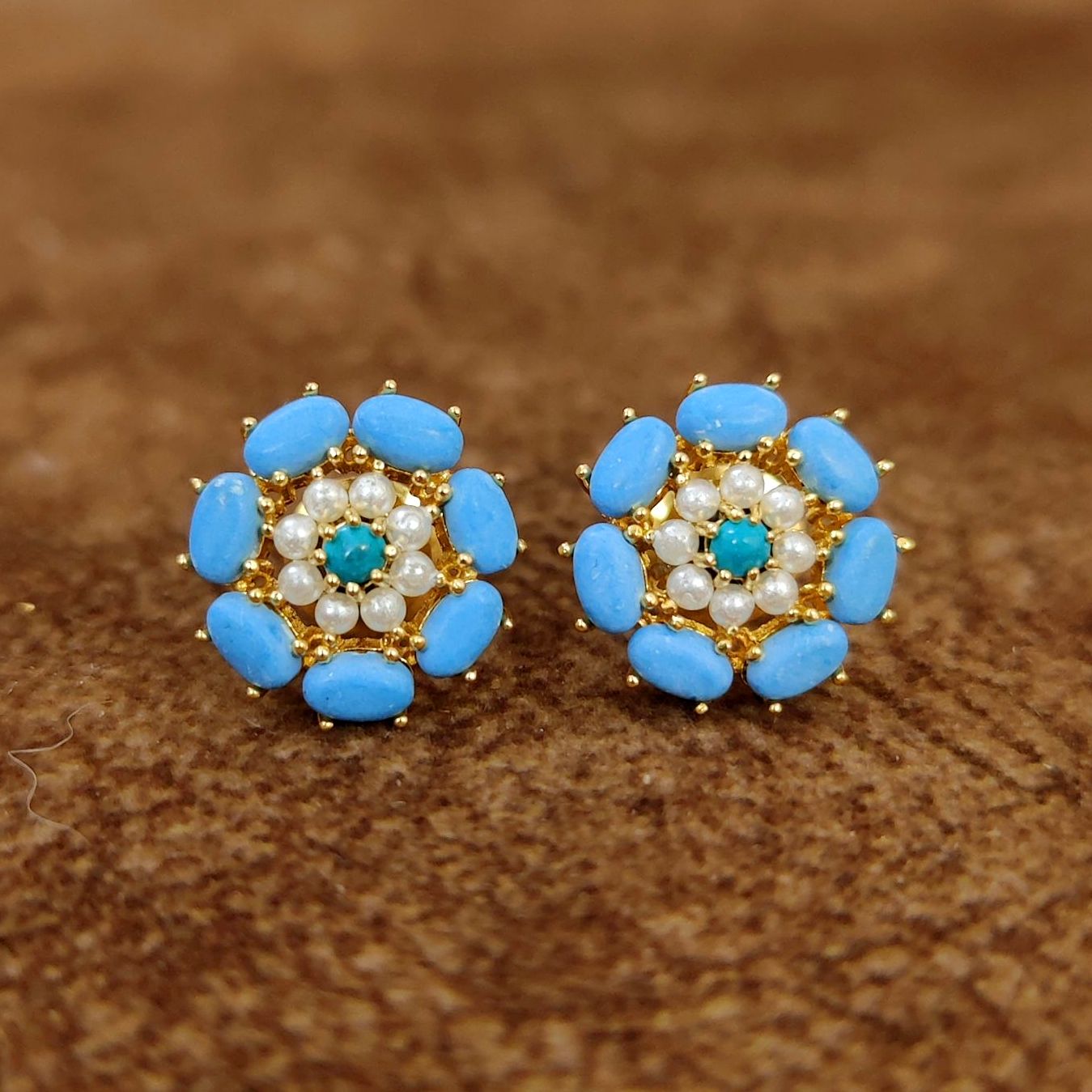 Turquoise Blue Floral Pearl Stud Earrings by Sanvi Jewels Designer Imitation Jewellery