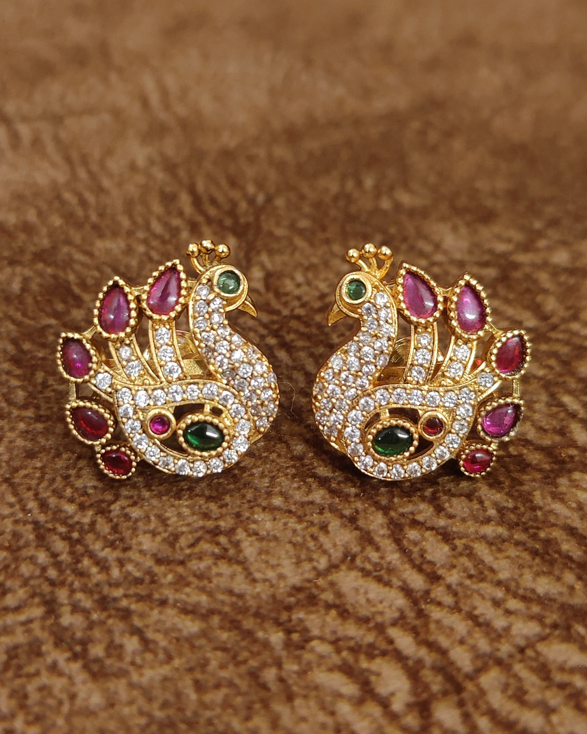 Multicolour Peacock Kempu Studs – Close-up Detail – Sanvi Jewels