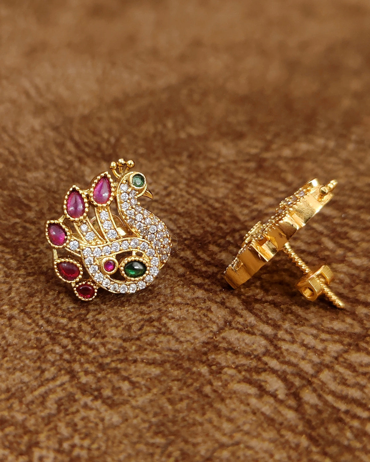 Multicolour Peacock Kempu Studs – Full Set View – Sanvi Jewels